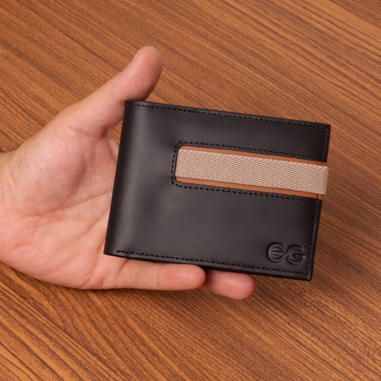 Carteira Masculina Slim Porta cartão Couro Legítimo Com Fecho De Elástico ello griff Preto
