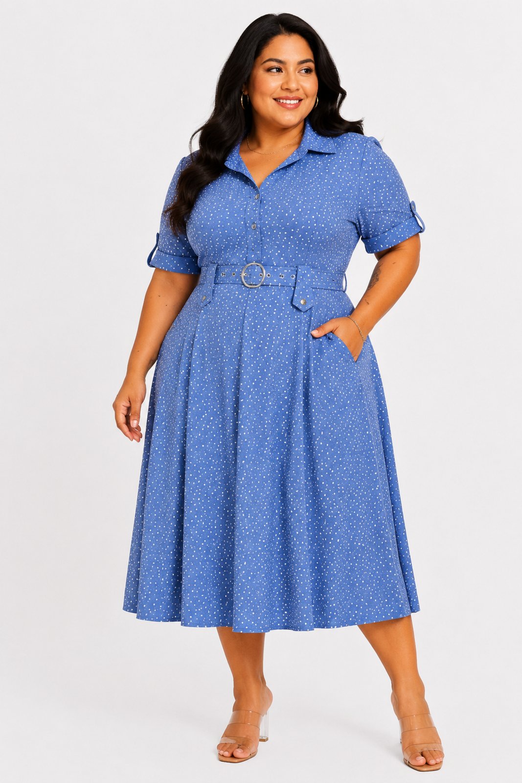 Vestido Longo Plus Size D Bell Outlet Fashion Poá Azul