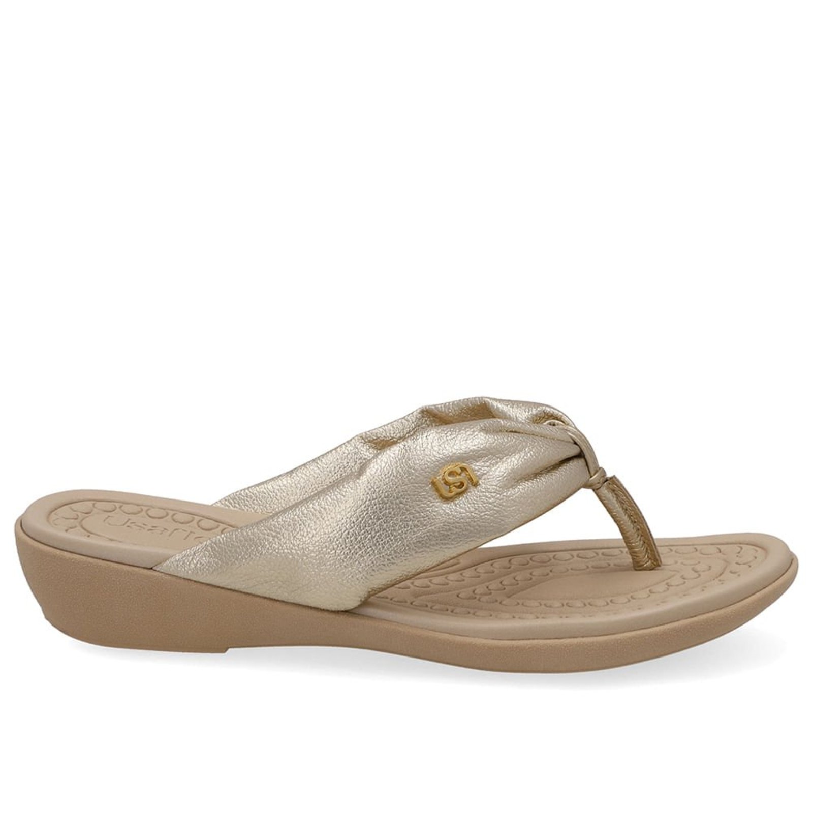 Chinelo Em Couro Dourado Com Tira Larga