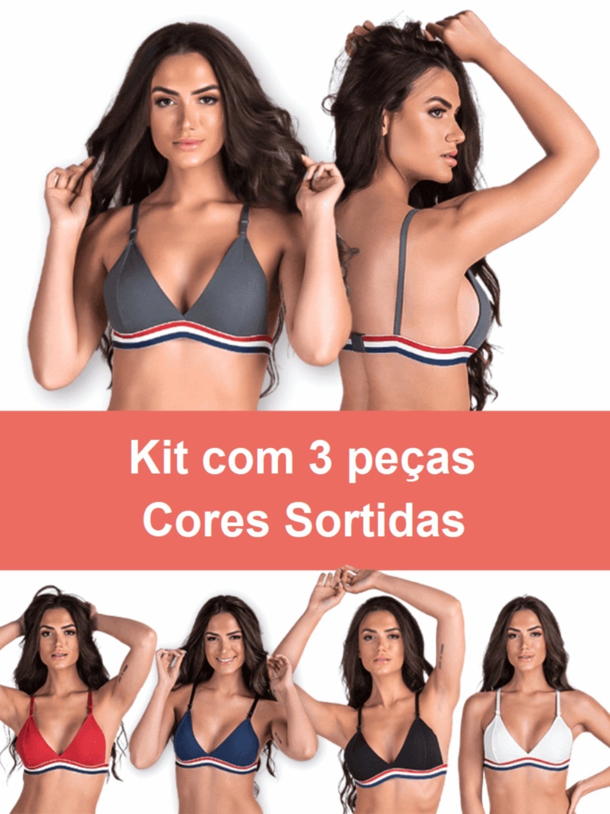 Kit 3 Sutiã Sem Bojo Frente Dupla Algodão Lingerie Atacado Multicolorido