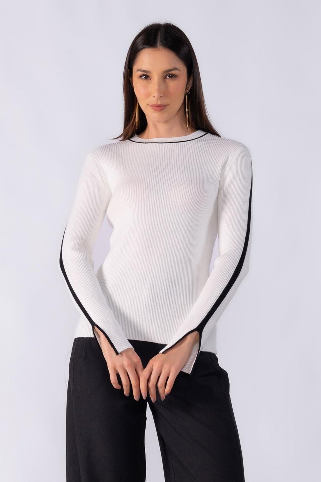 Blusa canelada com listra lateral da manga e gola Branco