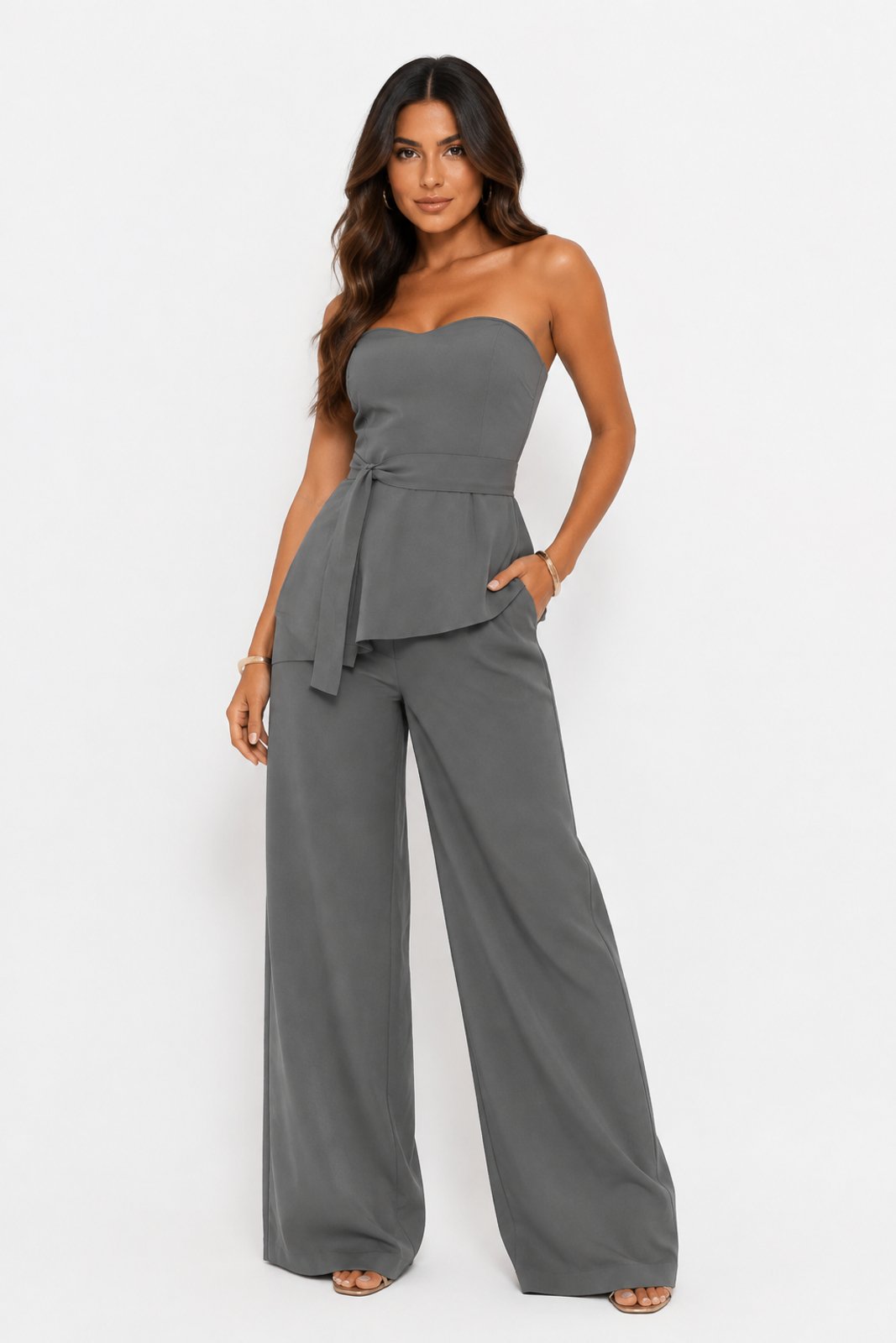Conjunto D Bell Outlet Fashion Blusa Peplum e Calça Cinza
