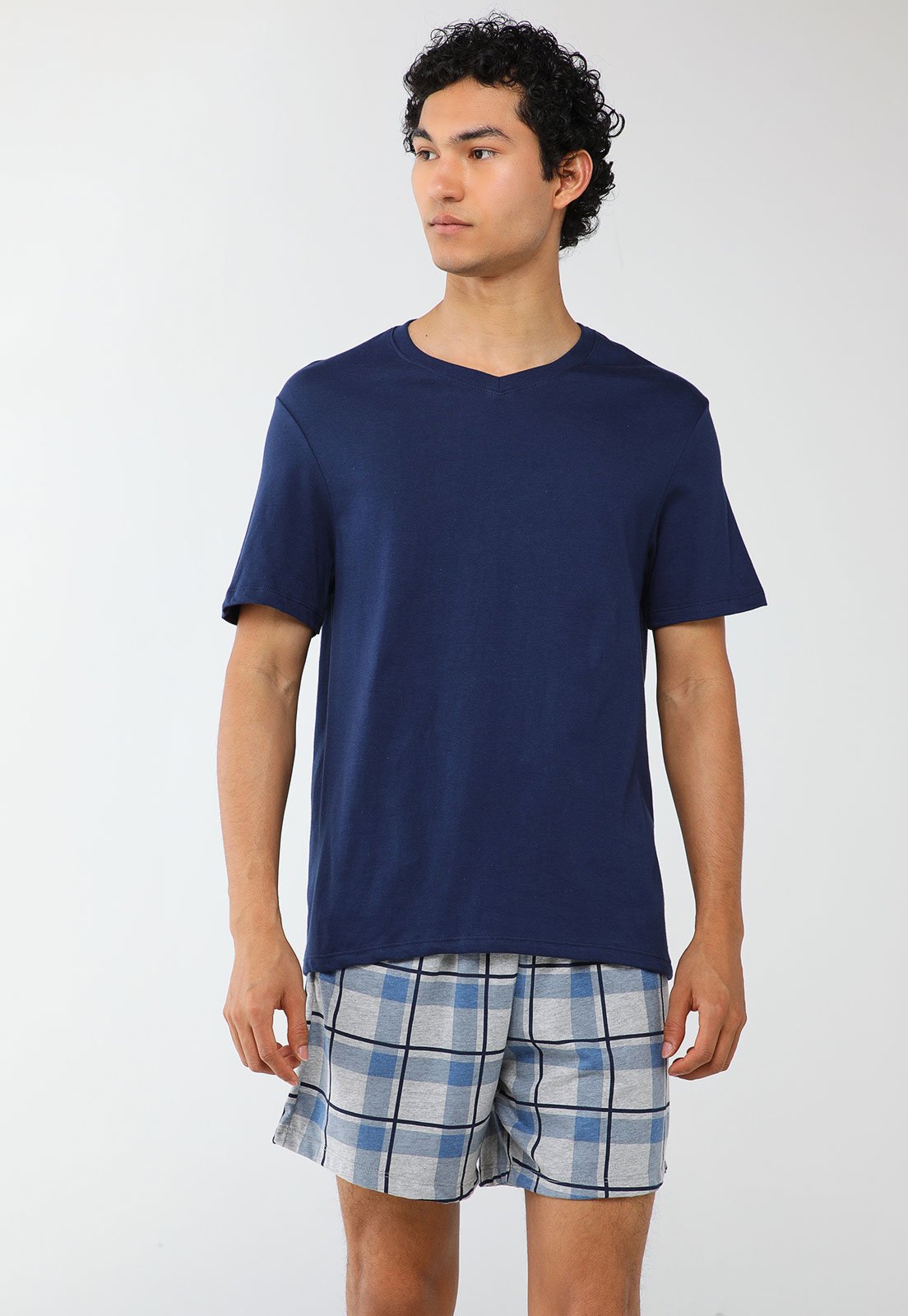 Conjunto Pijama Curto Masculino Hering Xadrez Azul-Marinho