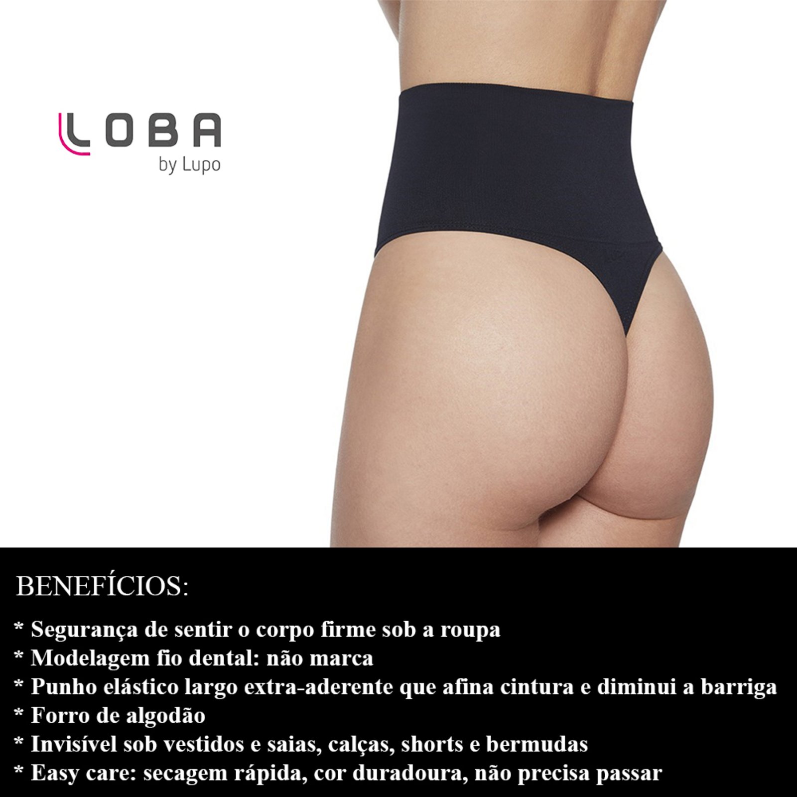 Vista 3 Calcinha Loba Redutora Fio Dental Slim Sem Costura Lupo preto Lupo preto