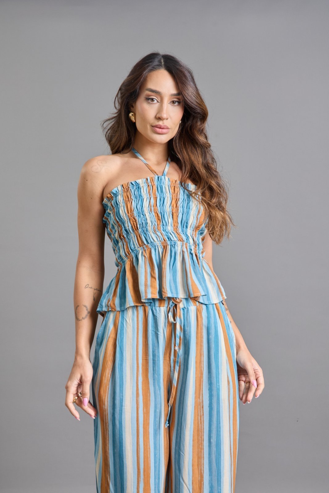 Blusa Tomara Que Caia Azul Listrada em Viscose Lemier Collection