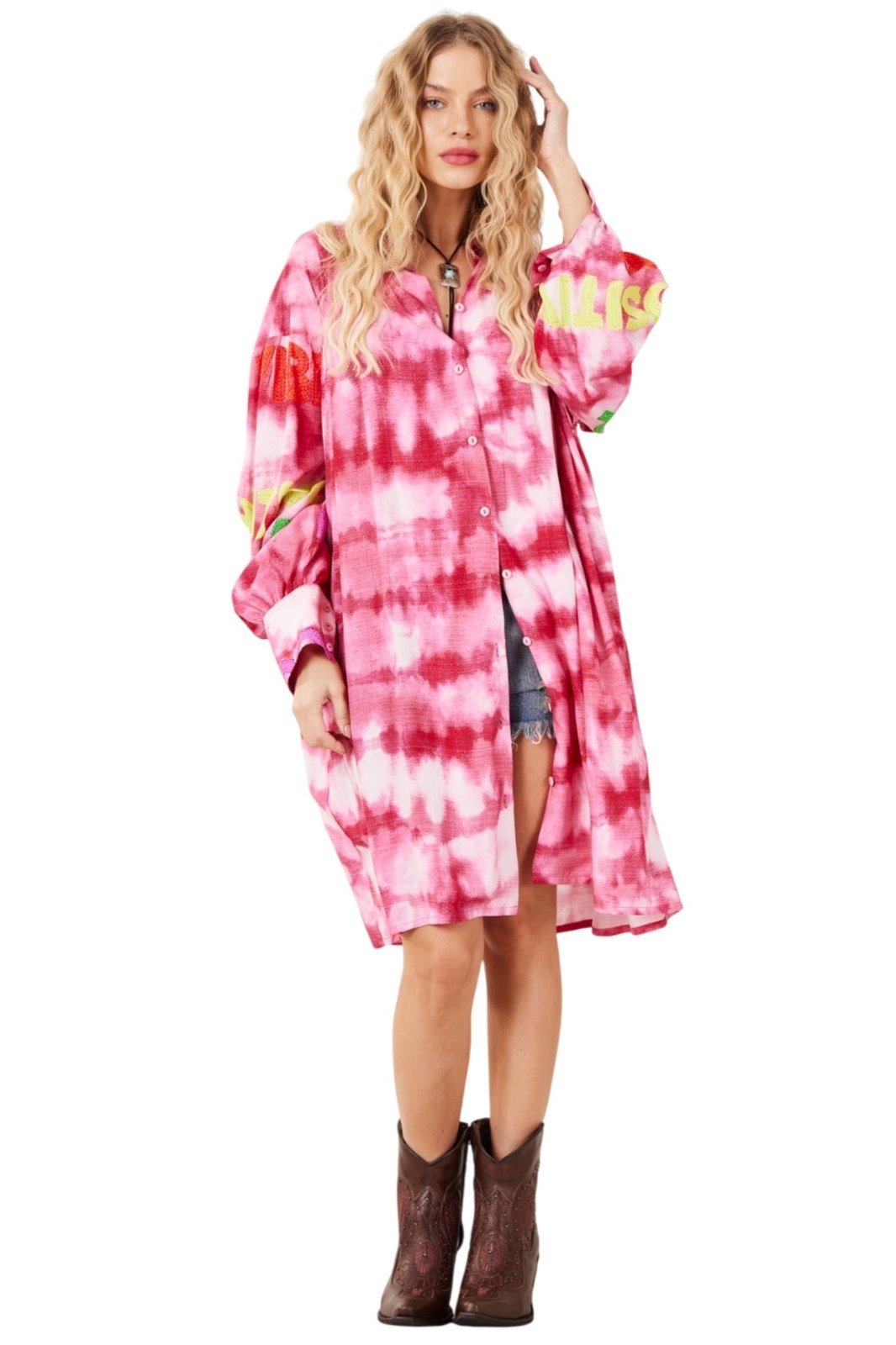 Chemise Ampla Estampa Love Rosa Tie Dye Yacamim L4 – Estampado