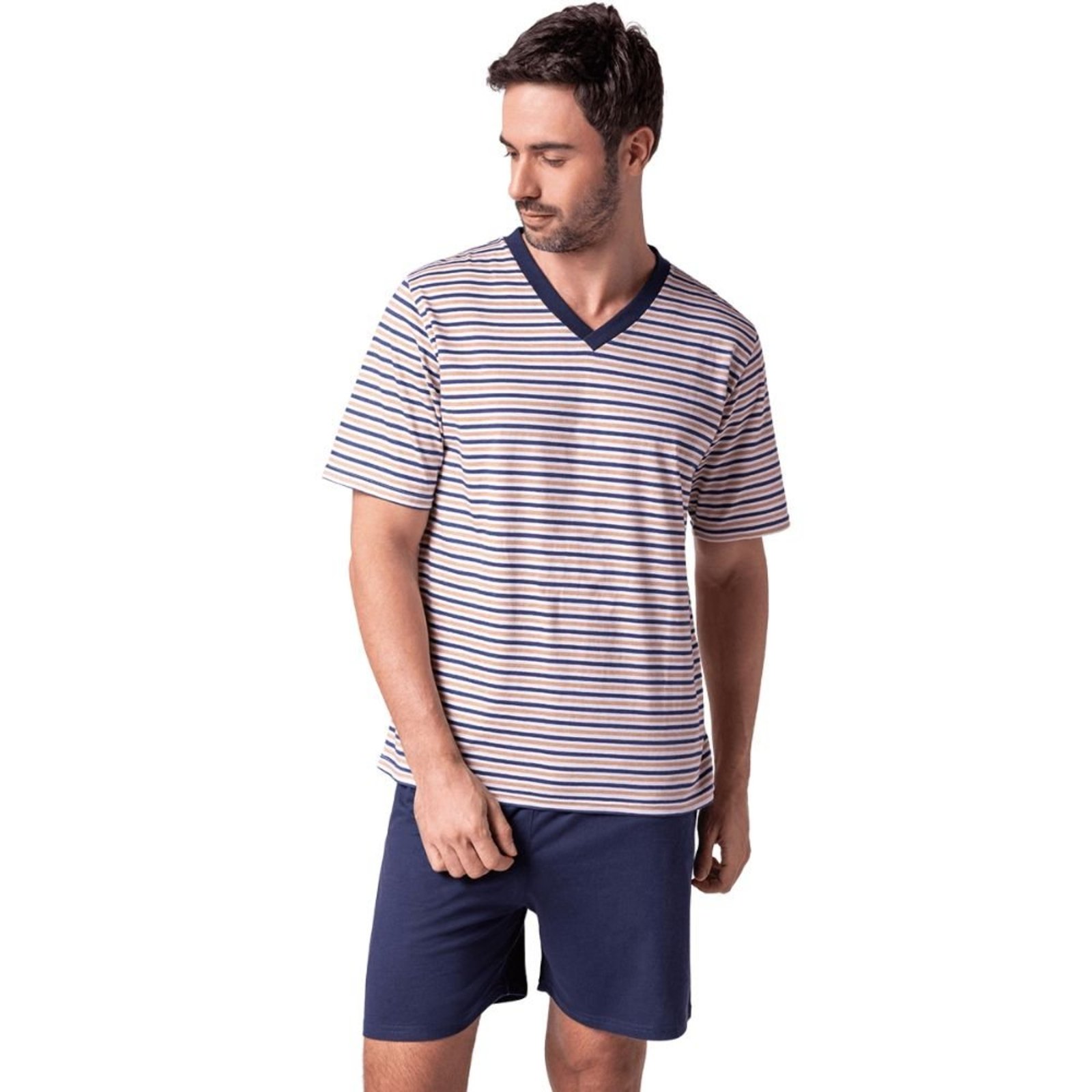 Pijama Curto Gola V Listrado Lupo Adulto Masculino 28021-001