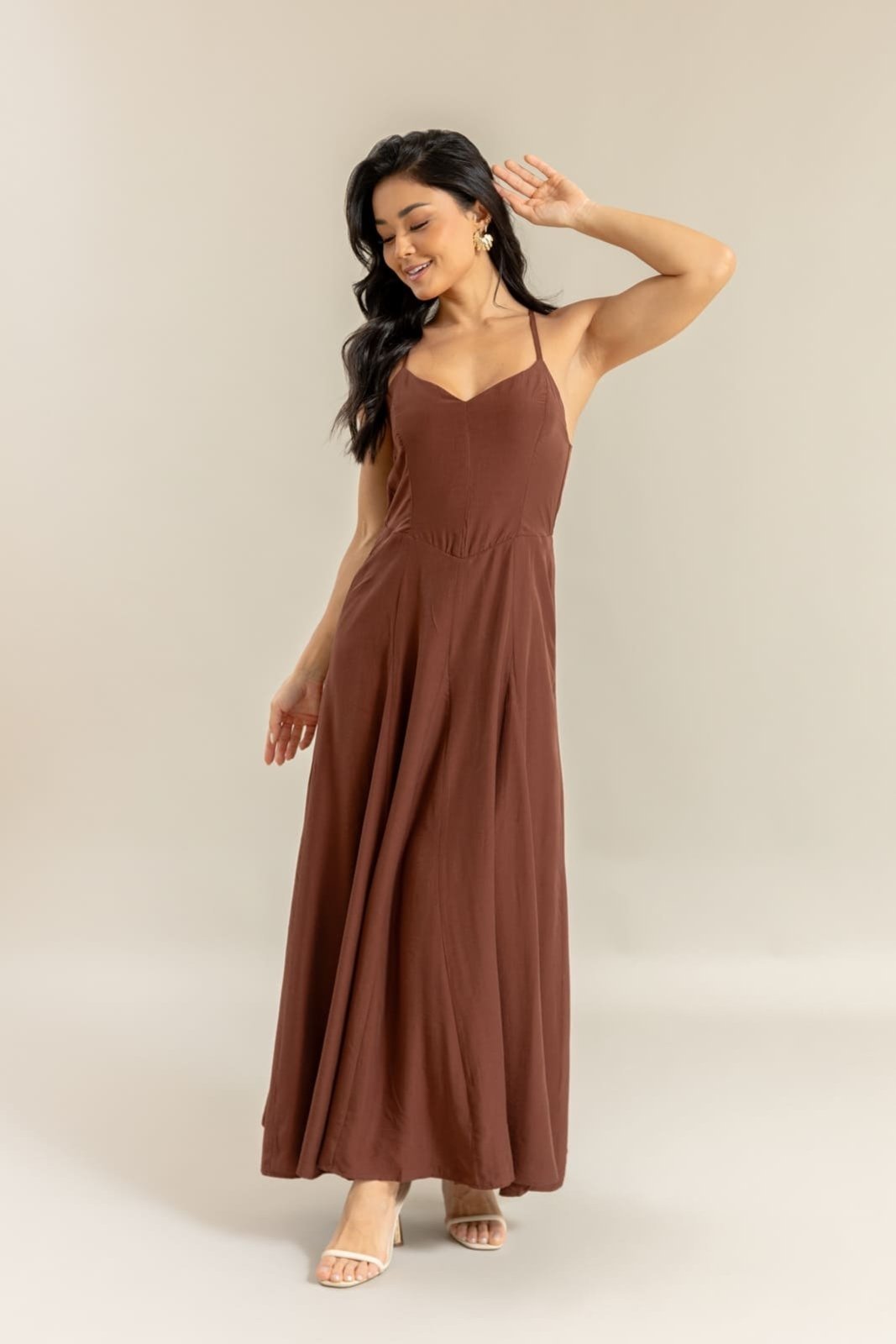 Vestido Cetim Feminino com Alças e Zíper Lemier Collection Marrom