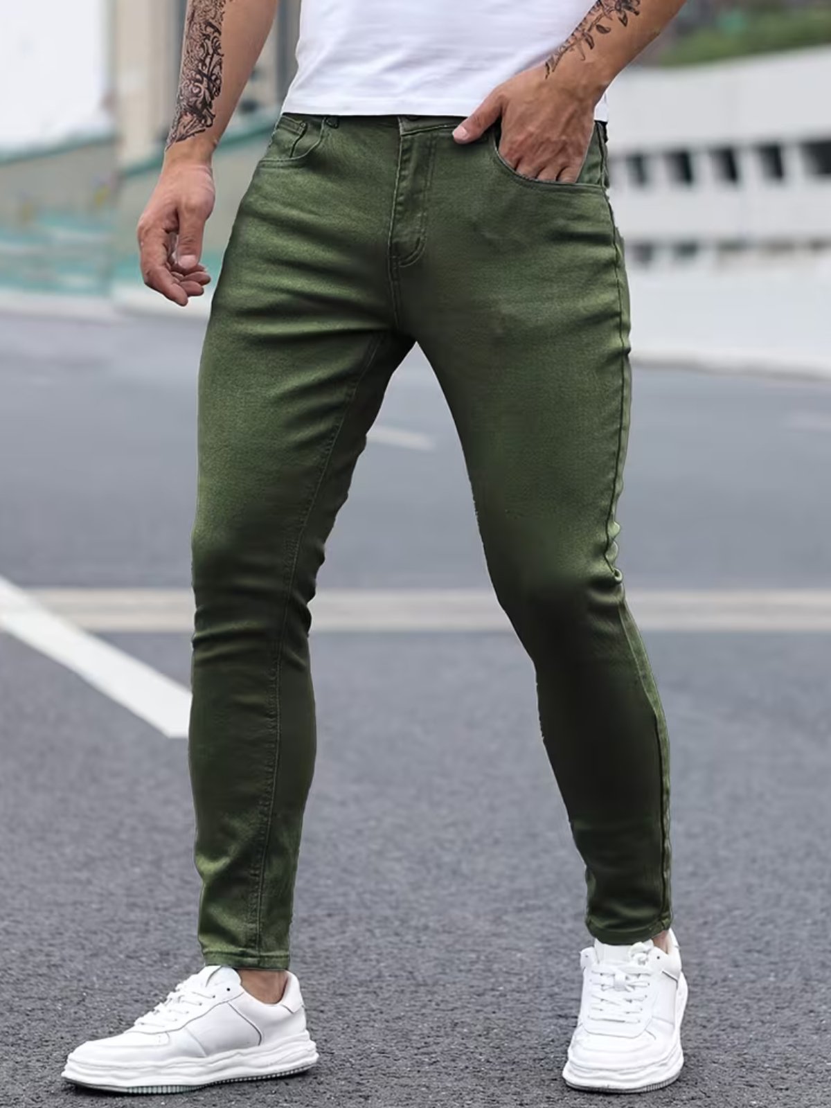 Calça Jeans Sarja 5 Estilos Verde Militar Confortavel e Basica