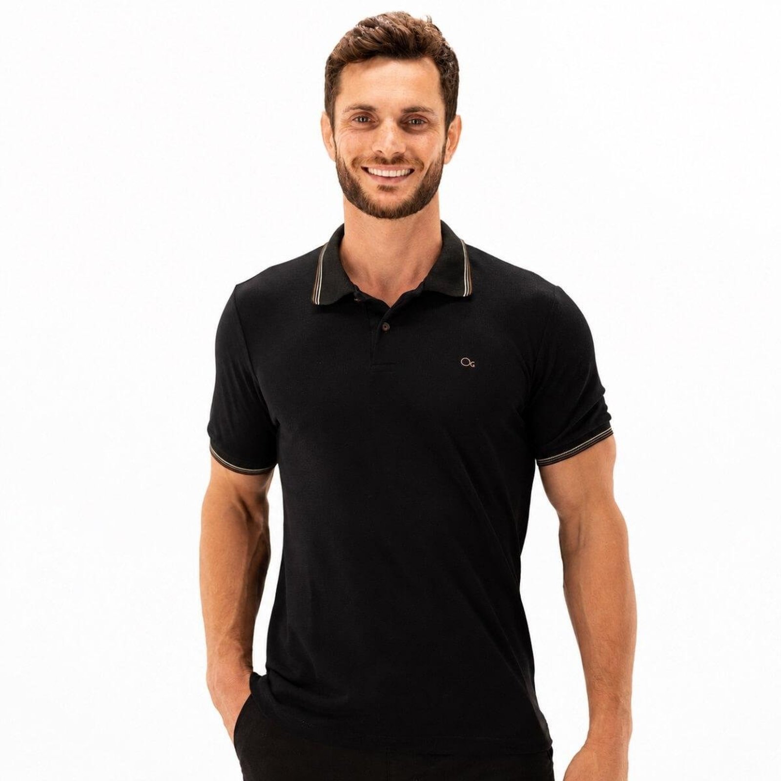 Camisa Polo Slim Manga Curta Masculina Ogochi 007554103 Preta