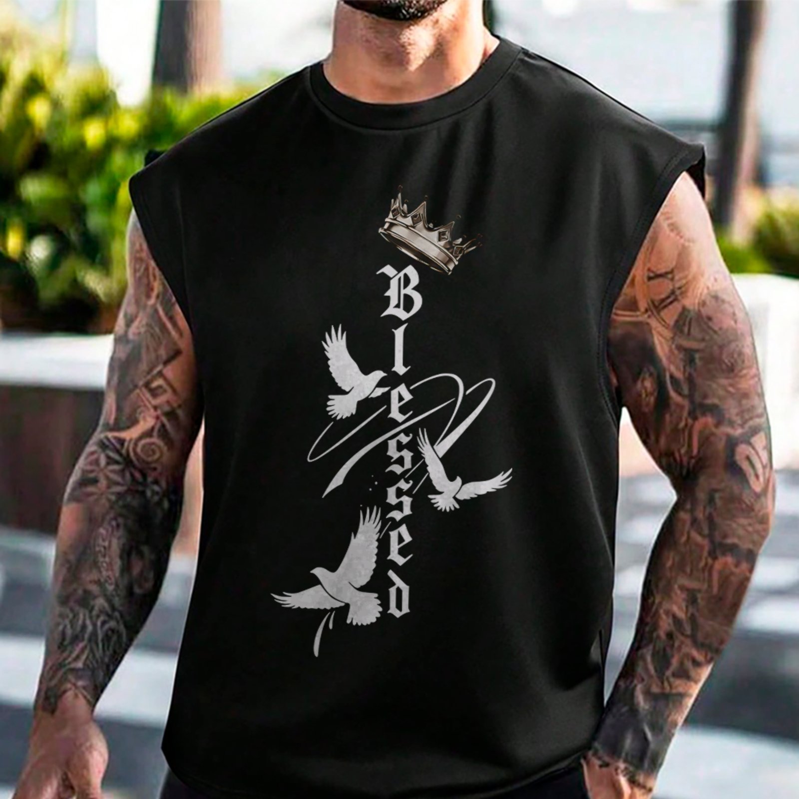 Camiseta Regata Machão Religiosa Blessed Crown Dove Faith Street Style Preto