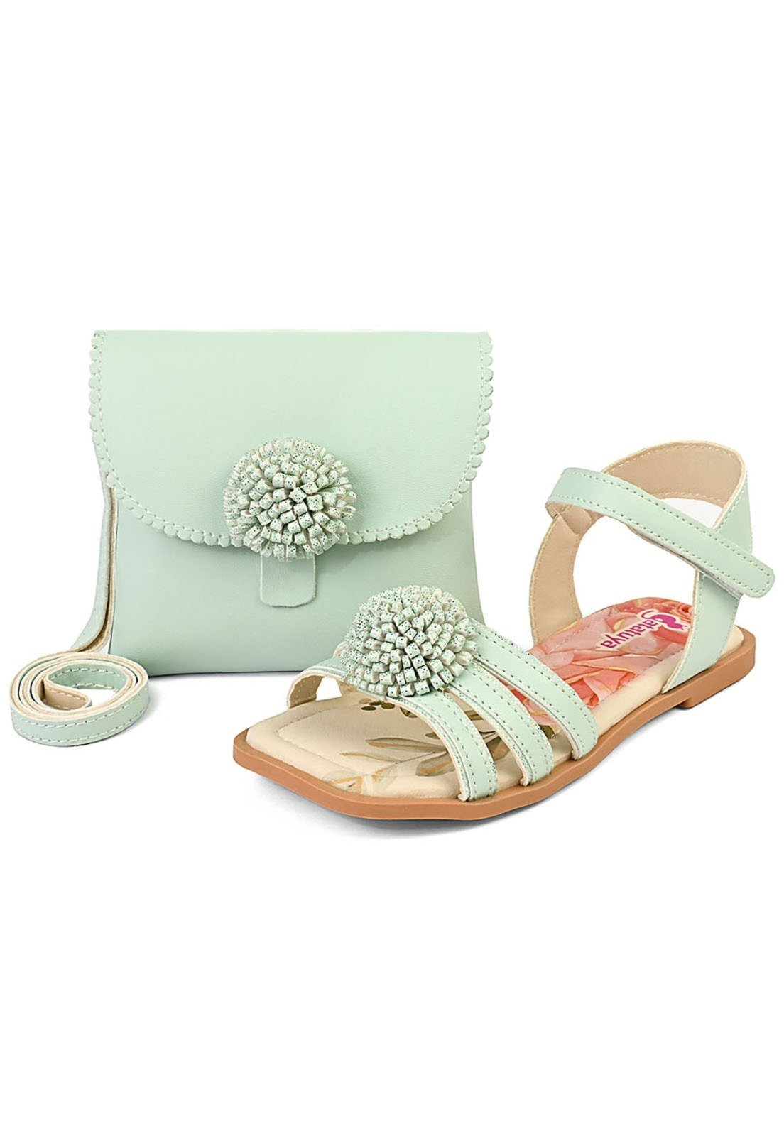 Infantil – Kit Sandália Feminina Rasteira Menina Com Bolsa Verde/Brilho Mzkid
