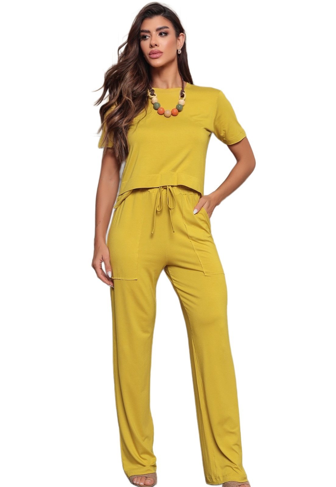Conjunto Blusa Manga Curta e Calça Dellamarca Casual Comfort Mostarda