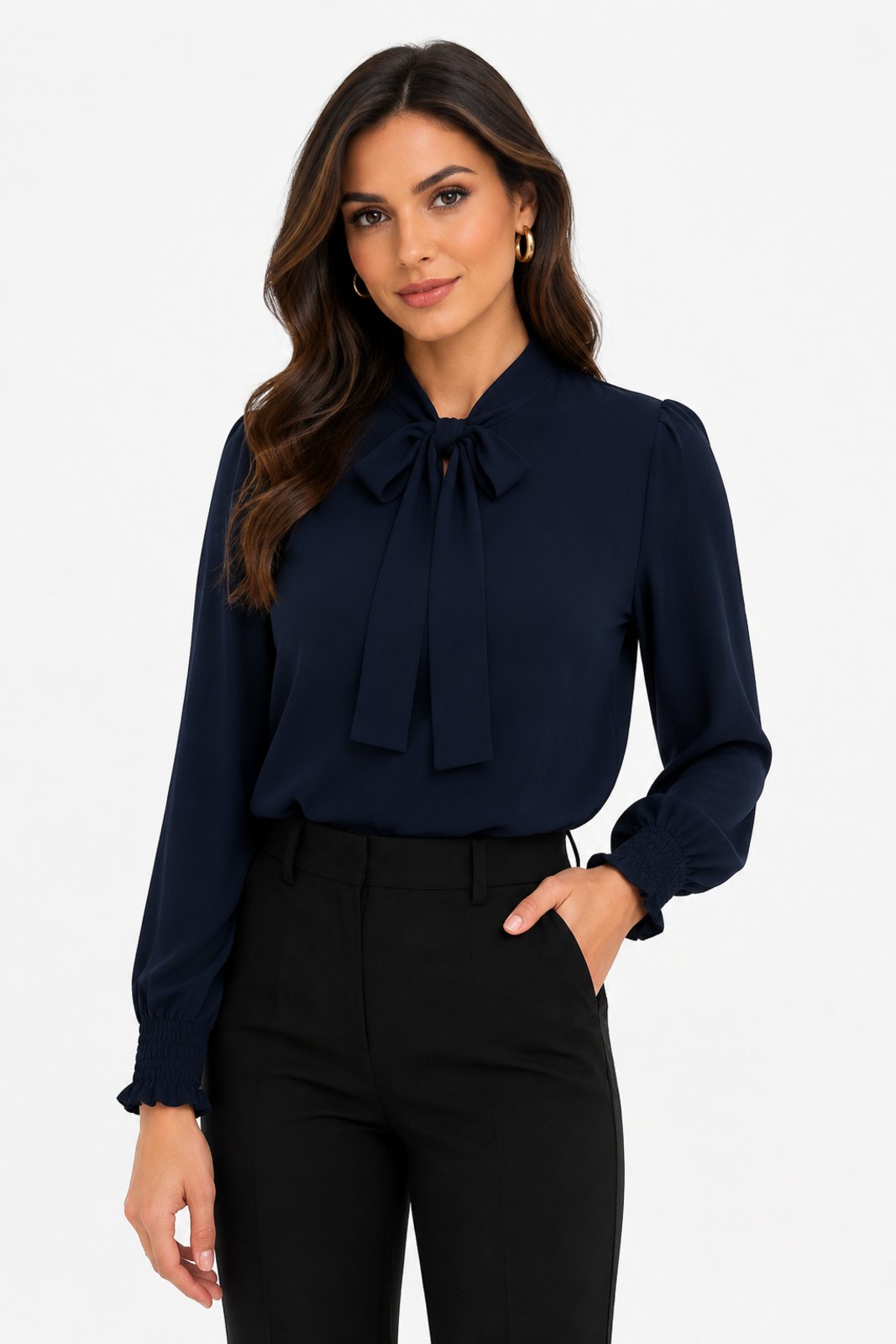 Blusa Social D Bell Outlet Fashion Com Laço Azul Marinho