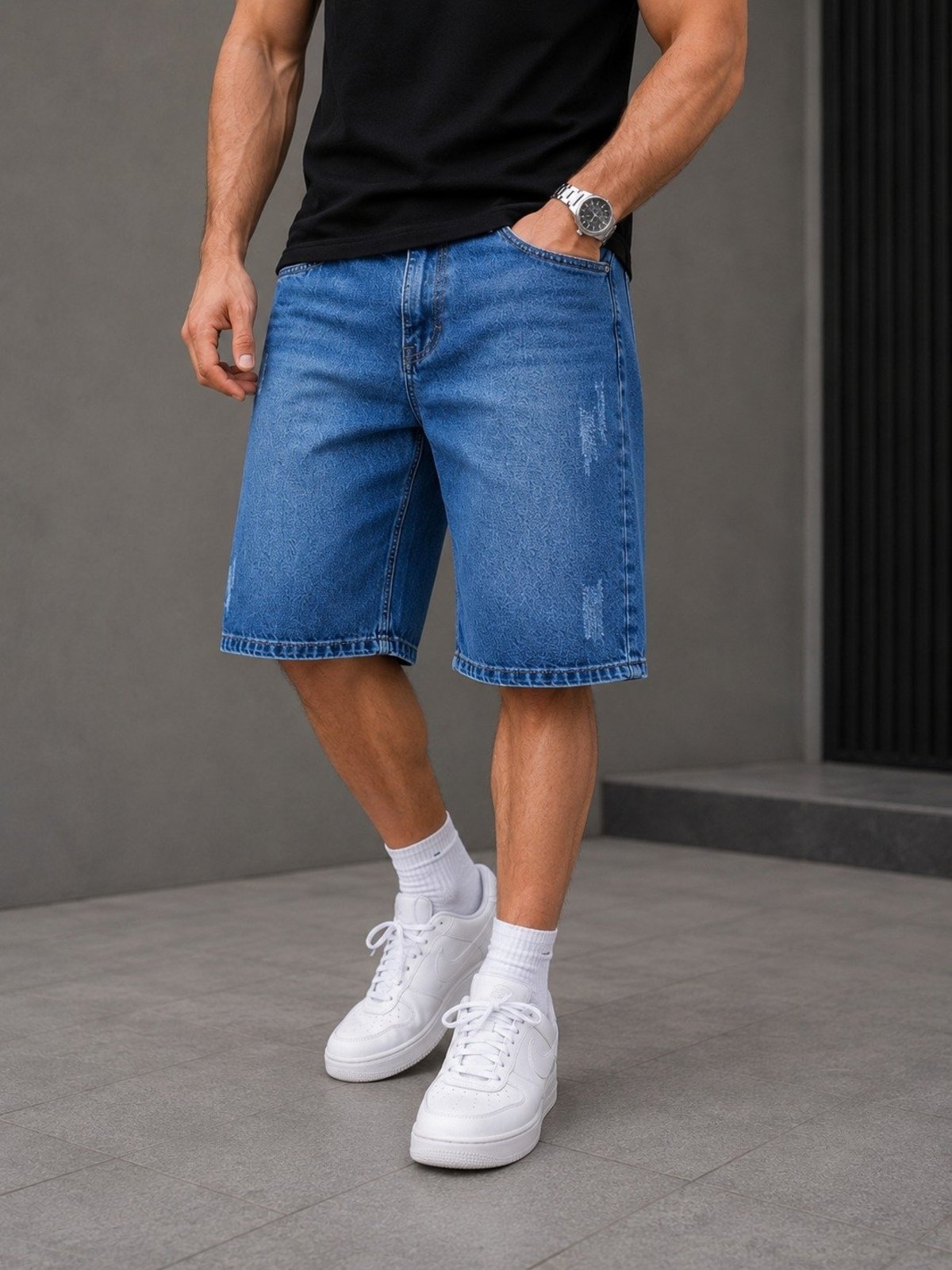 Bermuda Balão Jeans Puídos Masculina Alpha Street Wear Casual Confortável Básica Azul Escura