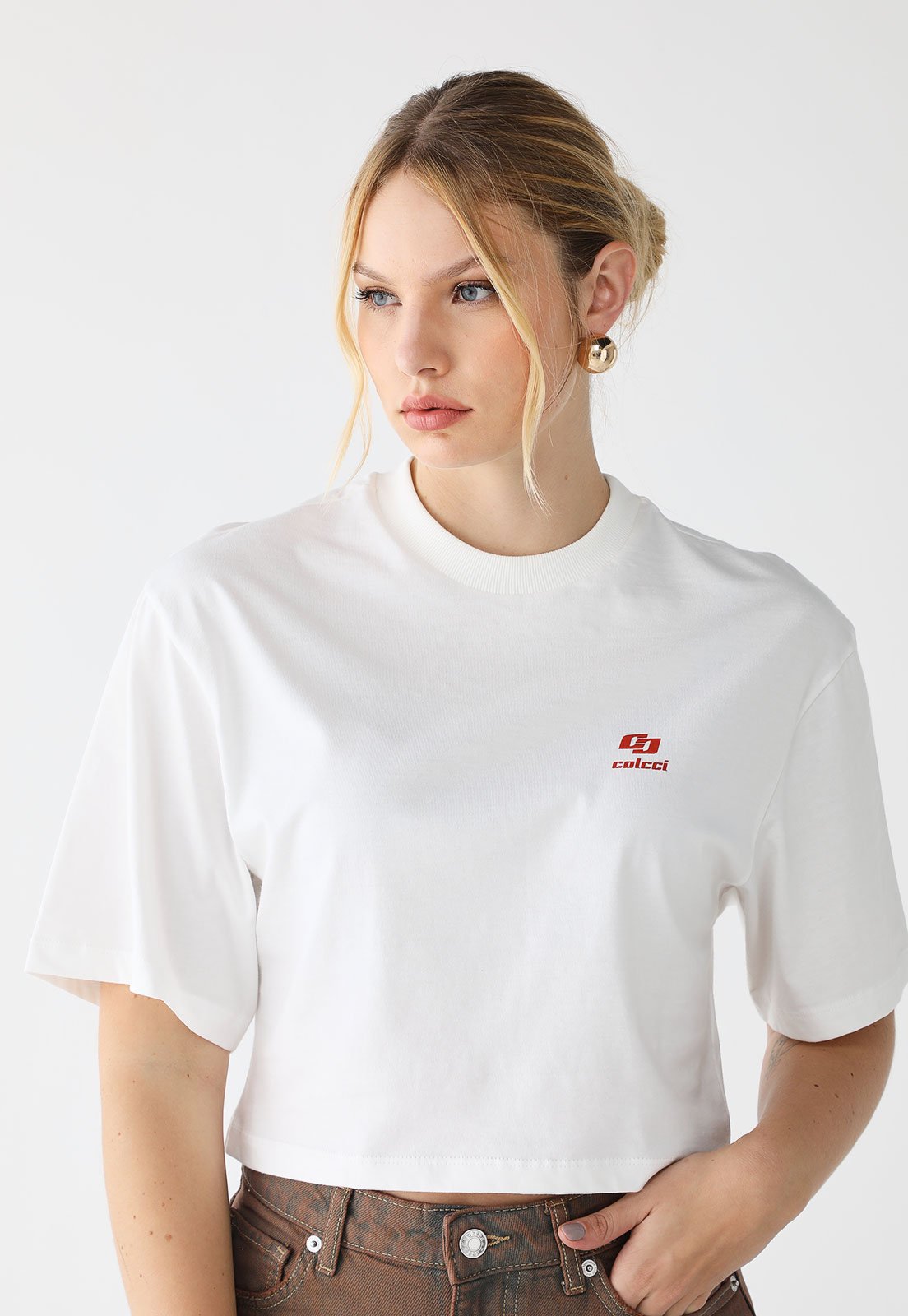 Camiseta Cropped Colcci Reta Logo Off-White