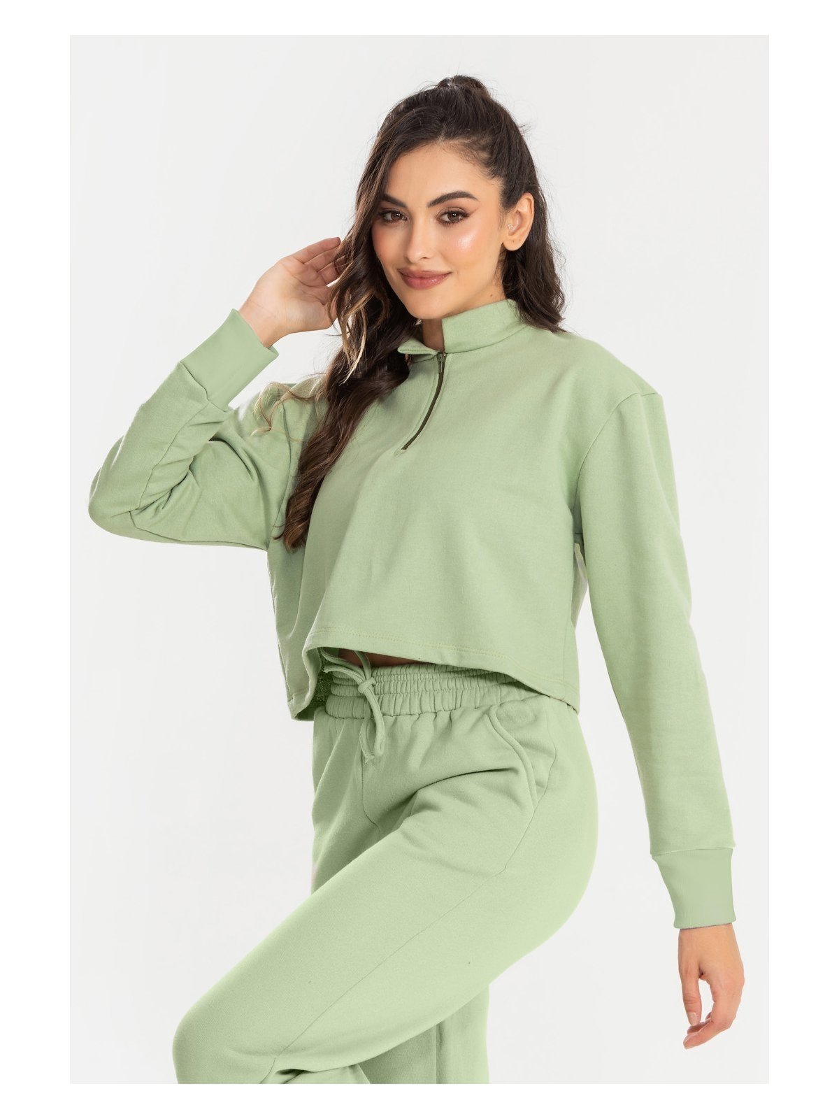 Blusa Cropped Moletom Gola Alta e Manga Comprida Feminino Verde Pistache