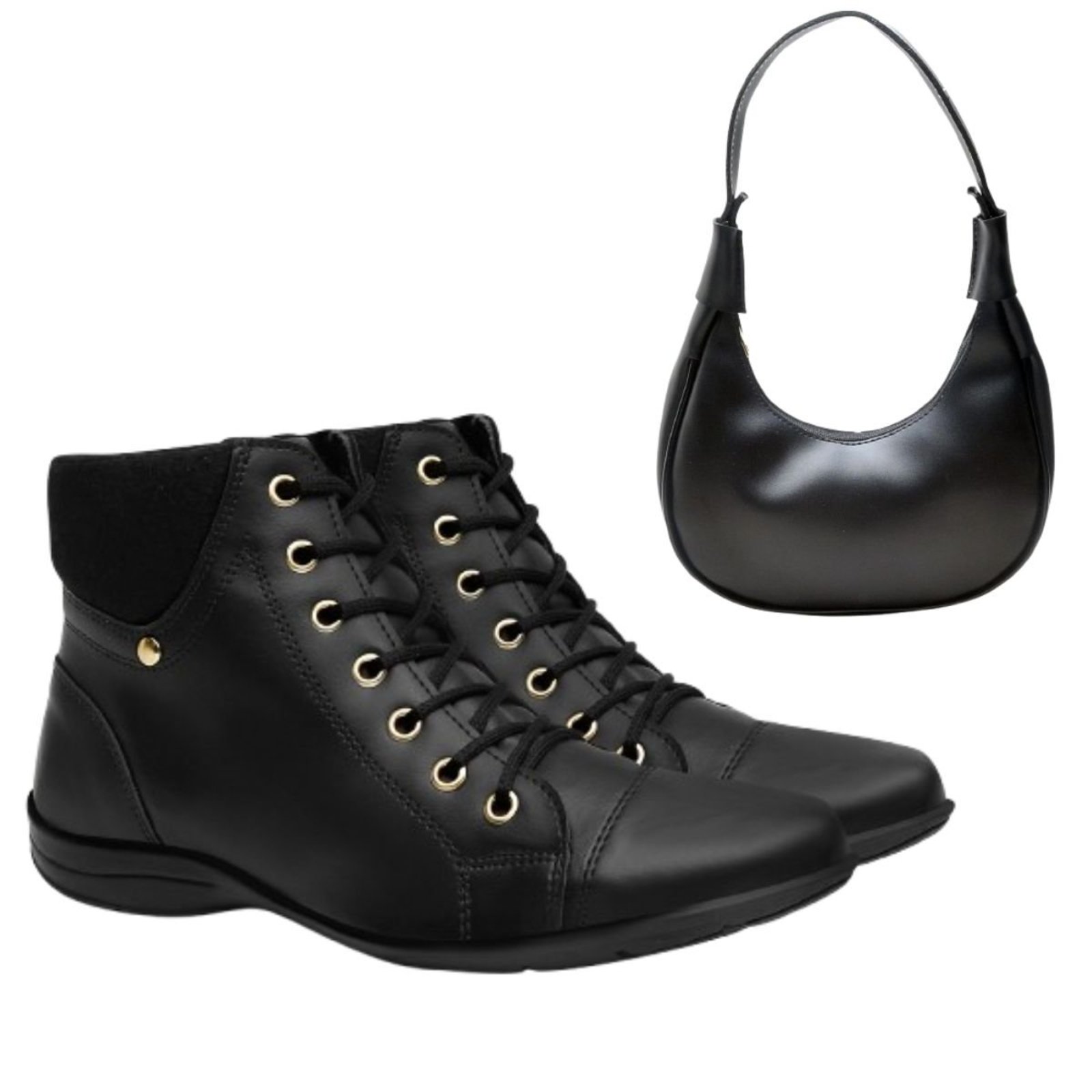 Kit Bota Casual Feminina Anna Andrade Cano Baixo Amarrar Dia a Dia e Bolsa Tiracolo Preto