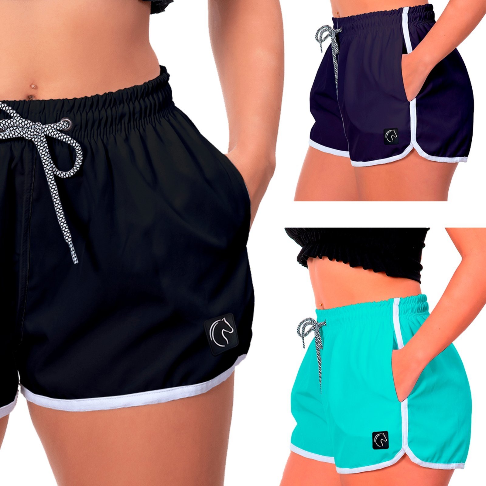 Kit 3 Shorts Feminino Premium Secagem Rápida com Elástico Cordão Ajustável e Bolsos Moda Praia Casual ou Treino Academia Preto, Azul Marinho e Azul