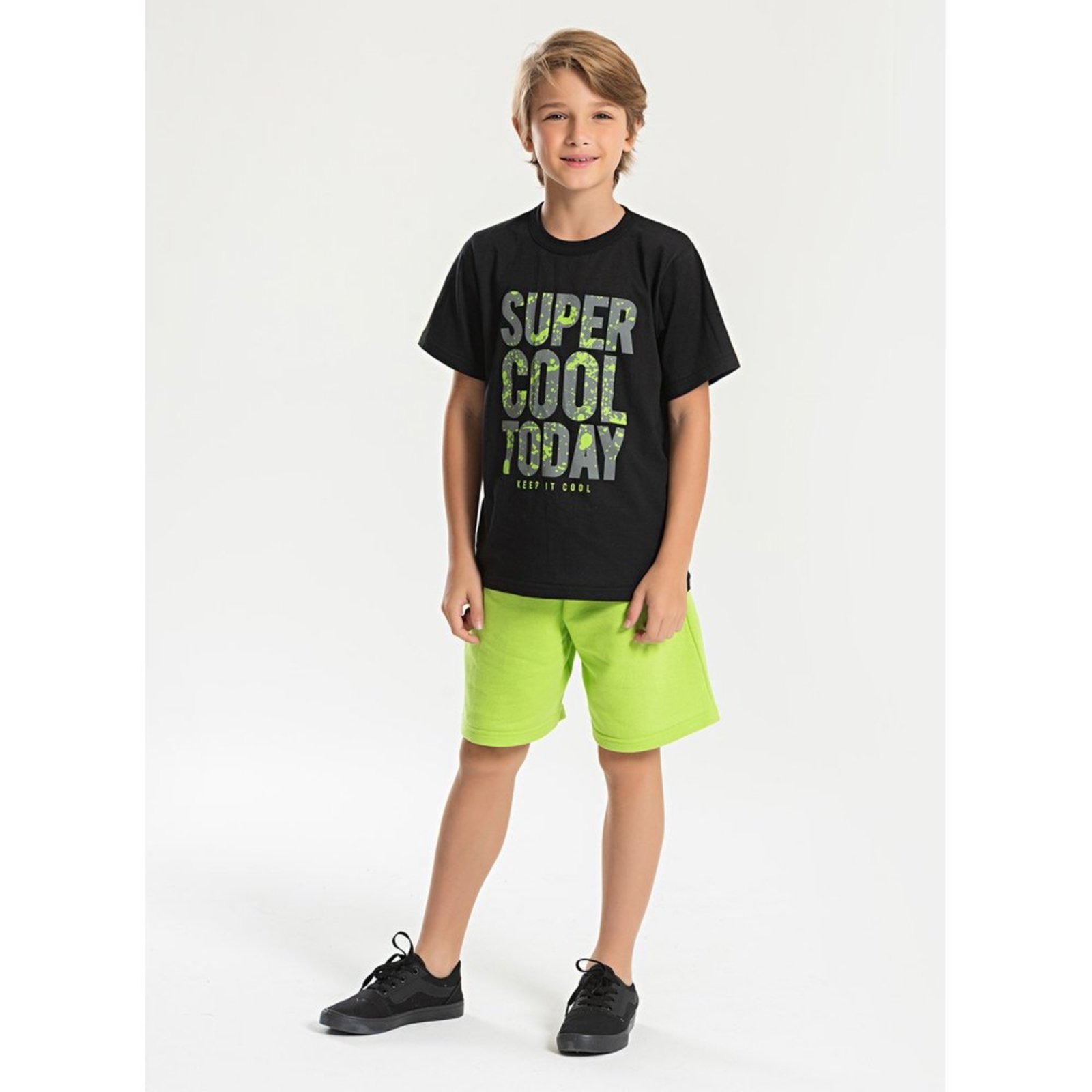 Infantil – Conjunto Verão Menino Preto Camiseta e Bermuda Super Cool Today