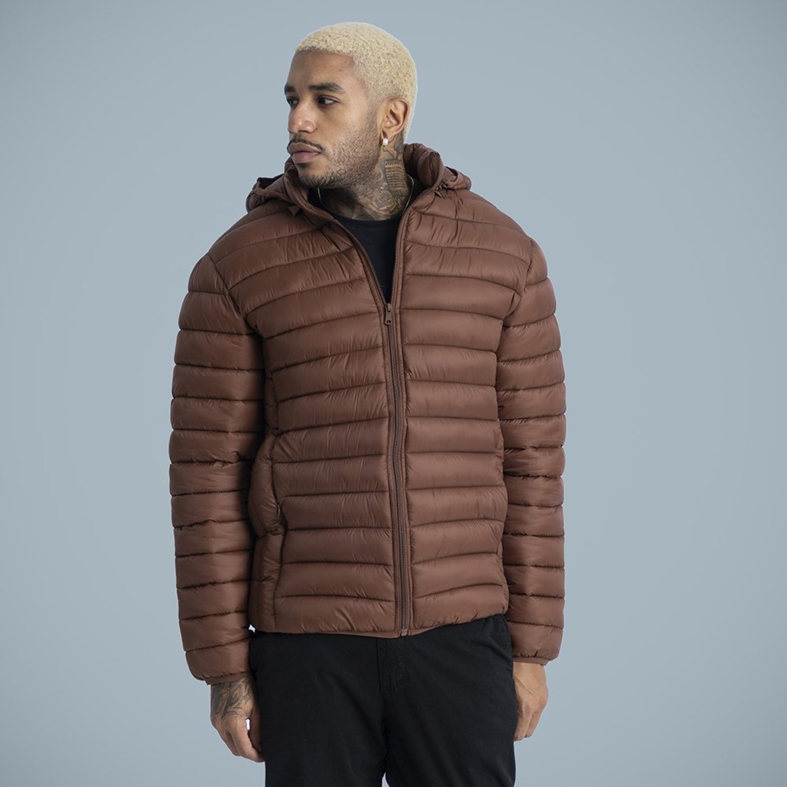 Jaqueta Puffer Masculina Com Capuz Removível Marrom