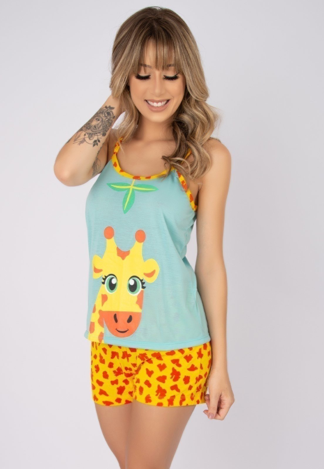 Baby Doll Serra e Mar Modas Pijama Curto Verão Girafa Azul Claro