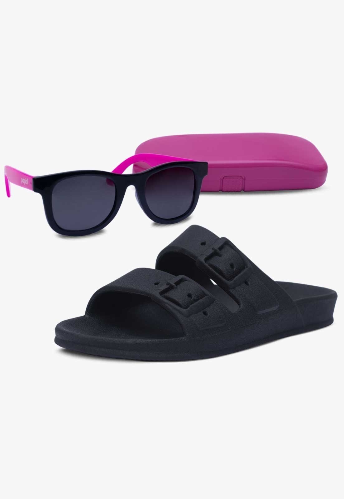 Infantil – Kit Oculos de Sol E Chinelo Papete Slide Pópidi Preto
