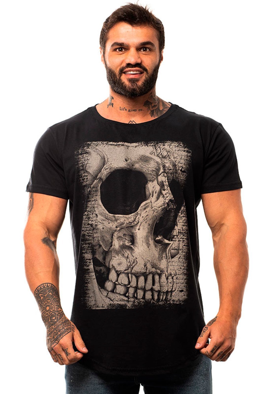 Camiseta Longline Masculina MXD Conceito para Academia e Casual Old Skull Caveira Preto Meia Malha