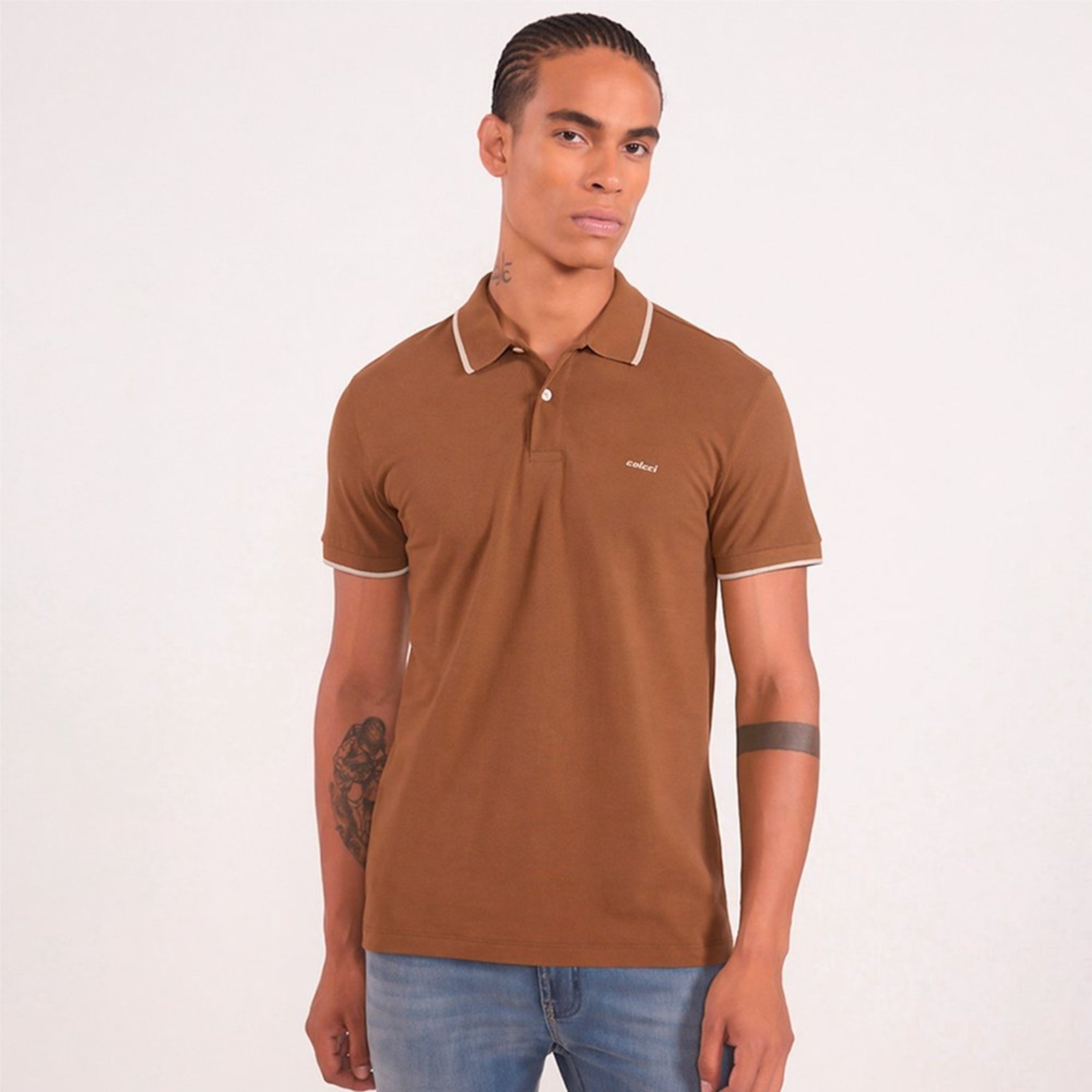 Camisa Polo Colcci Piquet 1 Listra In26 Marrom Masculino
