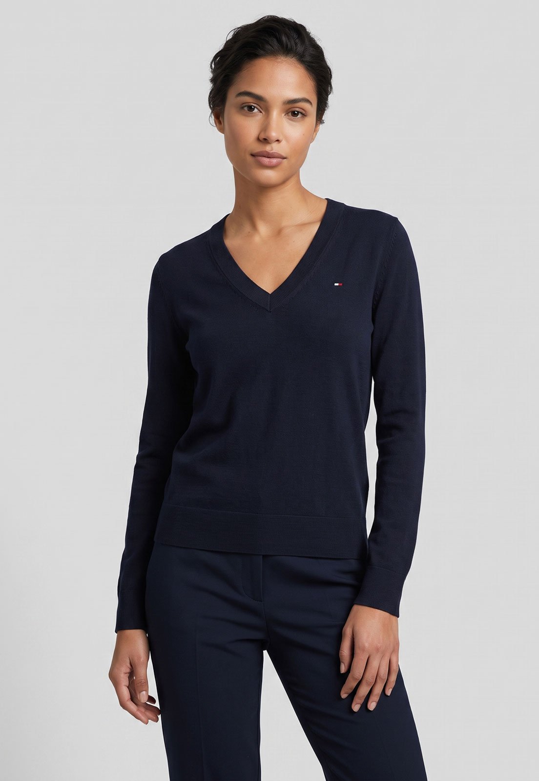 Suéter Tricot Feminino Tommy Hilfiger Decote V Azul Marinho
