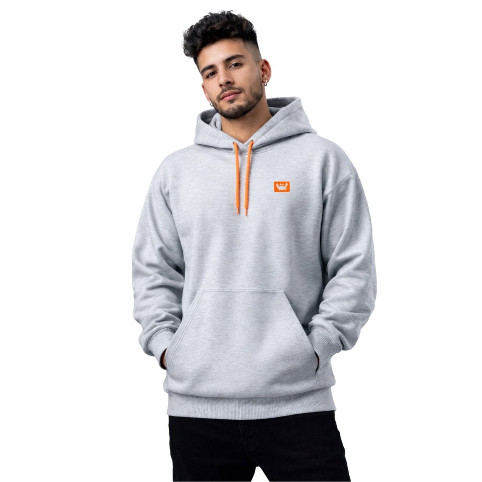 Moletom Relaxado Masculino Canguru Modelo Cinza Siri Laranja Confortável