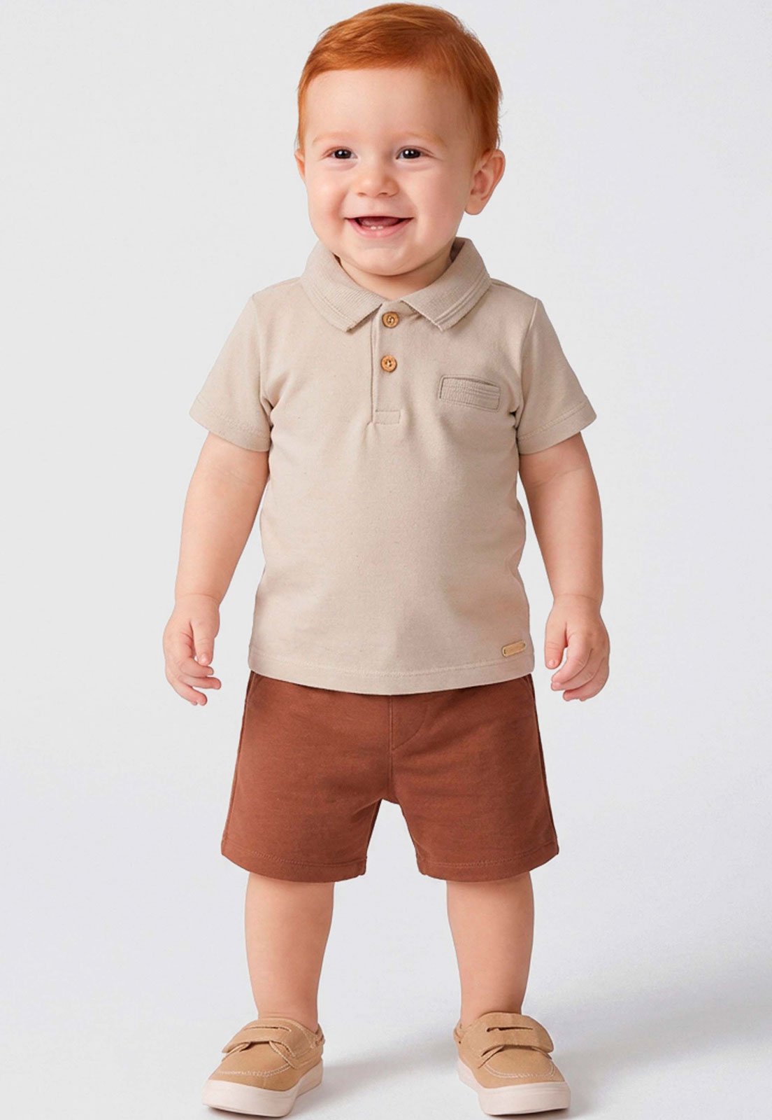 Conjunto Coloritta Gola Polo Manga Curta Bege