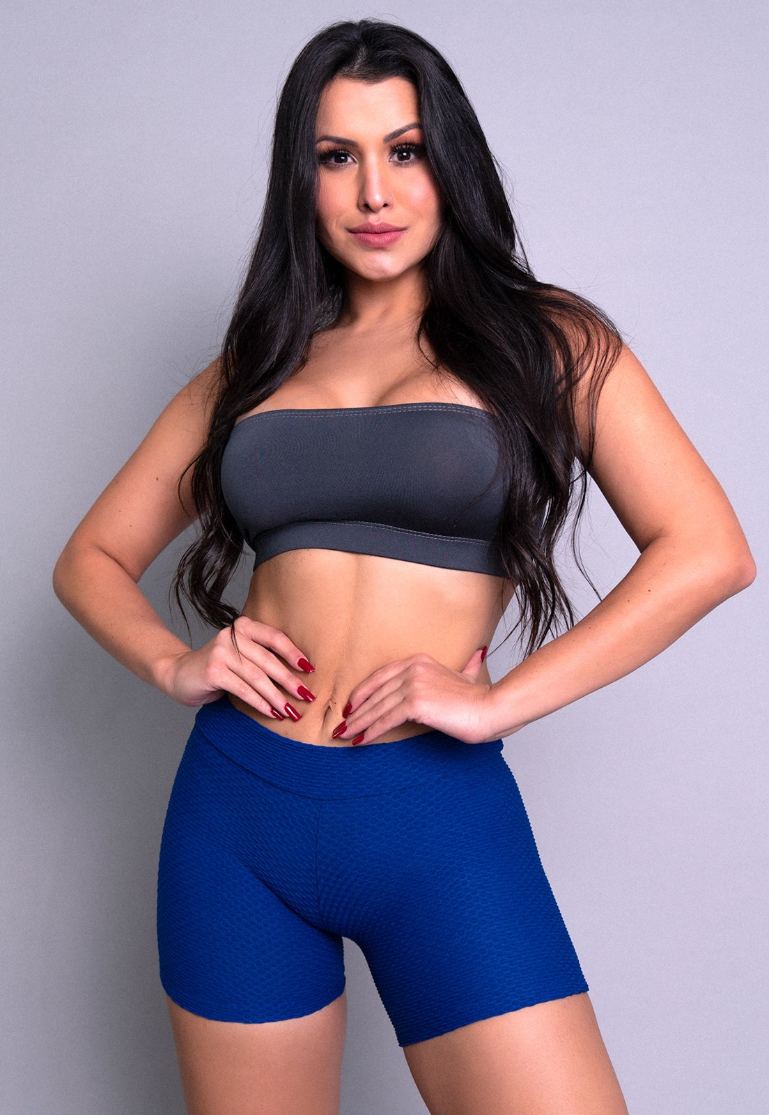 Short MVB Modas Curto Textura Tecido Bolha Fitness Azul