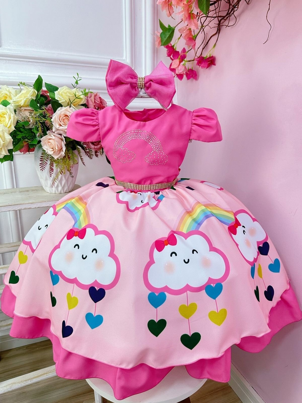 Infantil - Vestido Luxo Chuva de Amor Chuva de Bençãos Nuvem de Amor Rosa Brilho Temático Aniversário Passeio Social Menina Juvenil