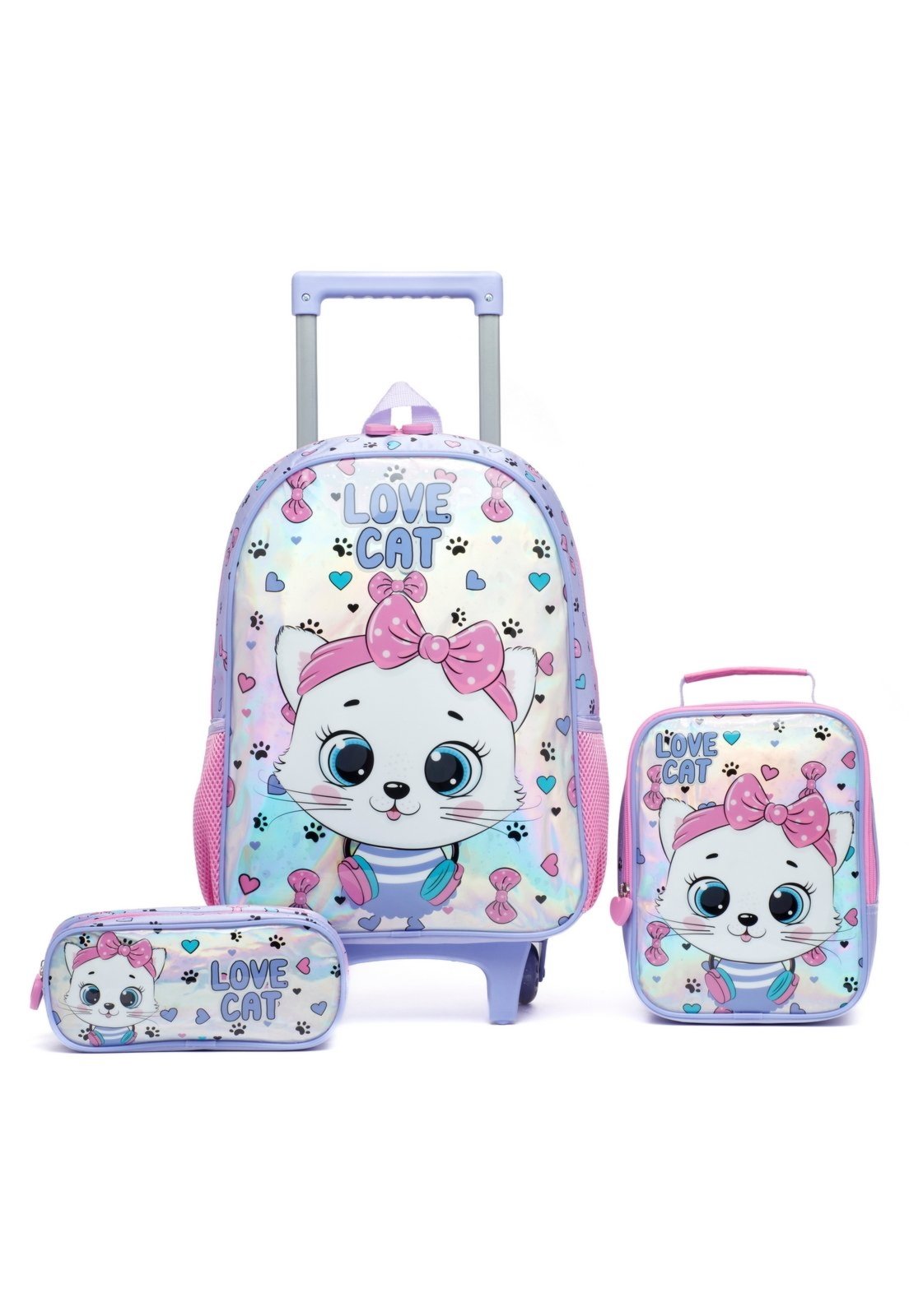 Infantil - Kit Mochila Lancheira Estojo De Rodinha Escolar Reforçada Gatinho