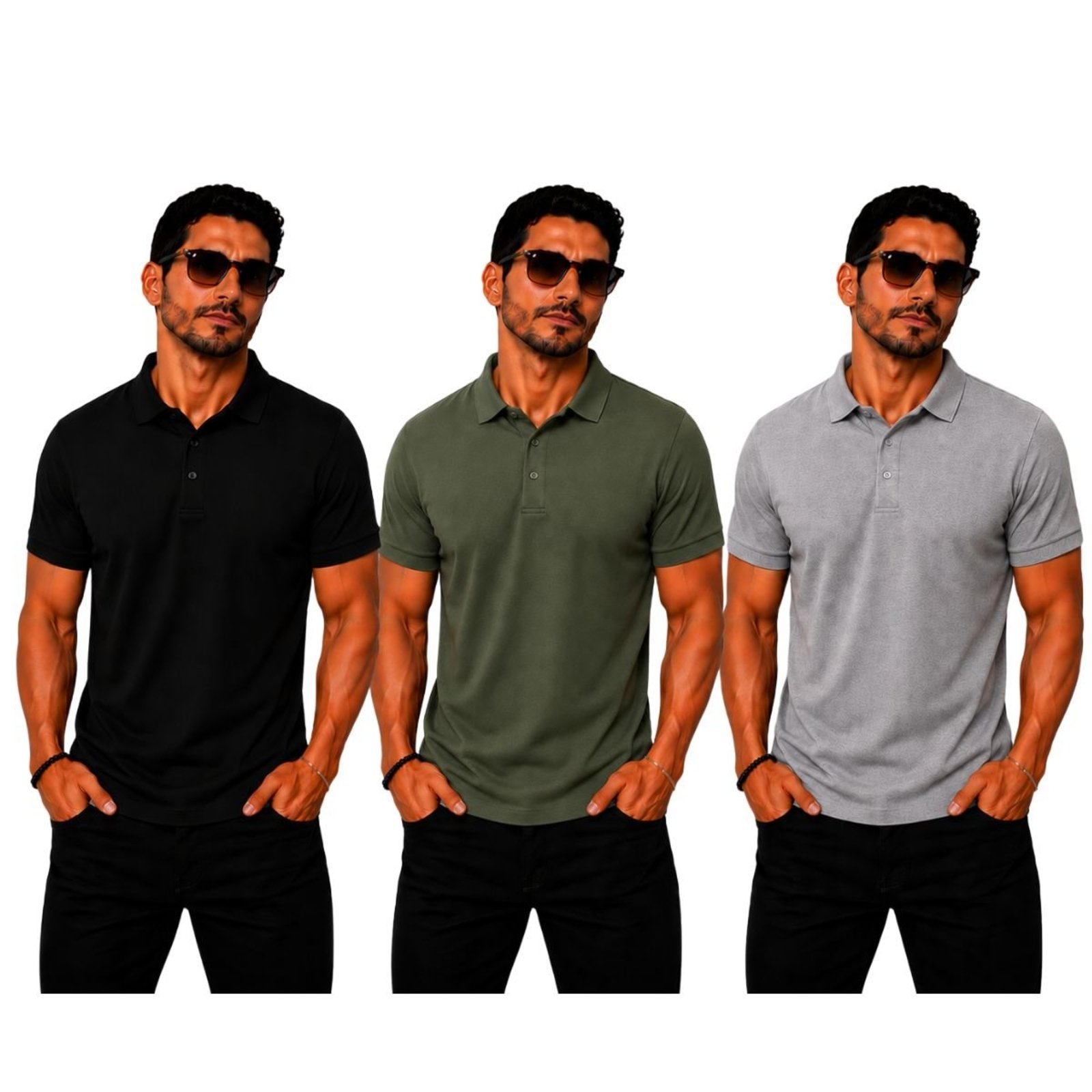 Kit 3 Camisas Polo Poliamida Masculina Básica Premium Multicolorido