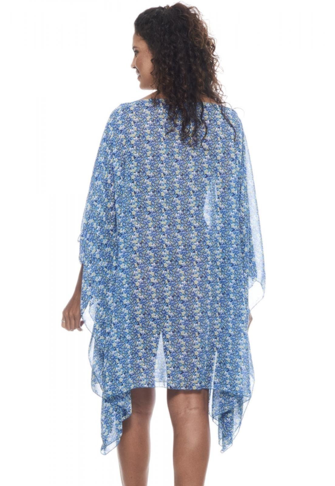 Vista 3 Saida de Praia Kaftan Vestido Amplo Bata Crepe Estampado Flores 101 Resort Wear azul 101 Resort Wear azul
