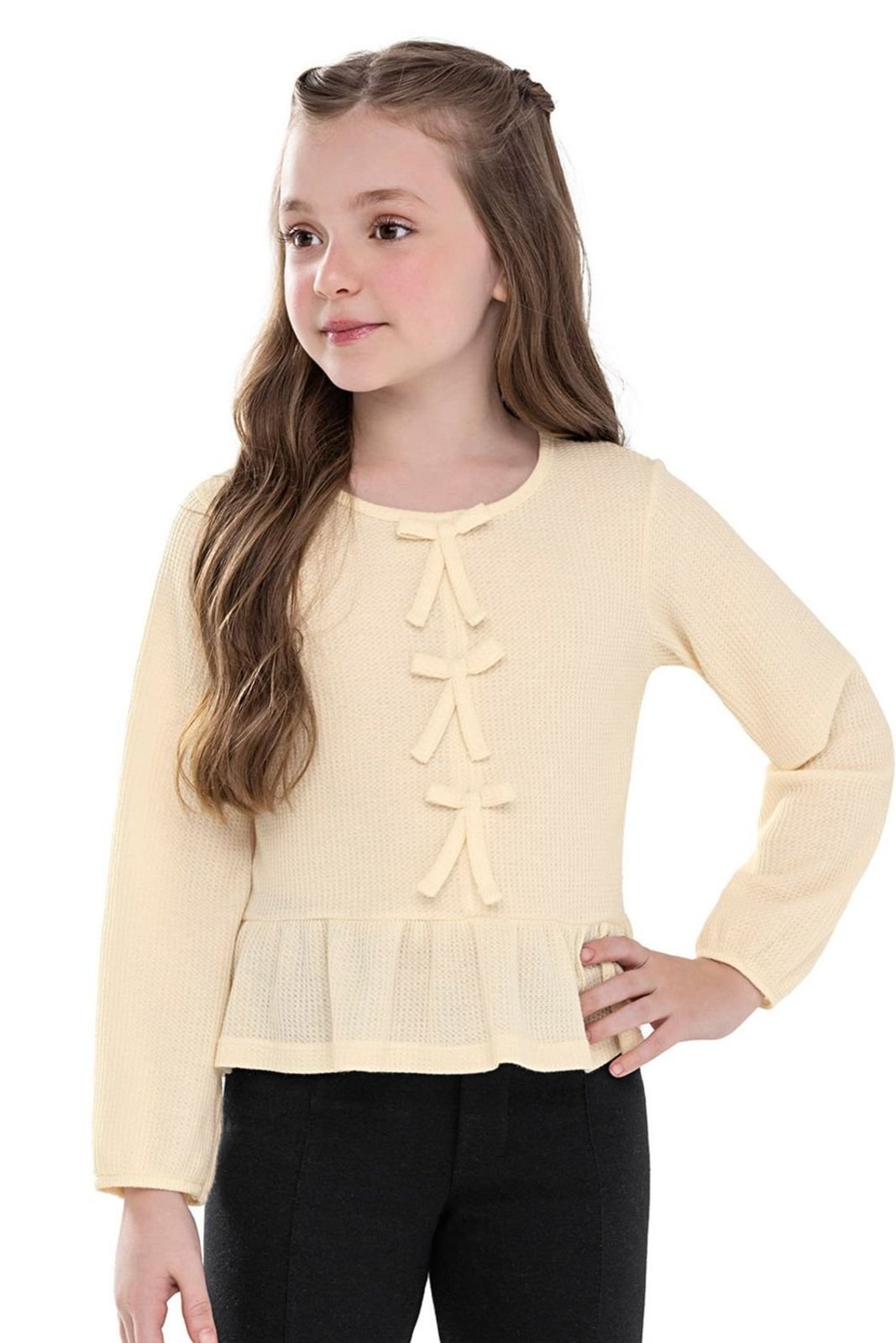 Infantil - Blusa Menina Laços Malha Tricô Colorittá Bege