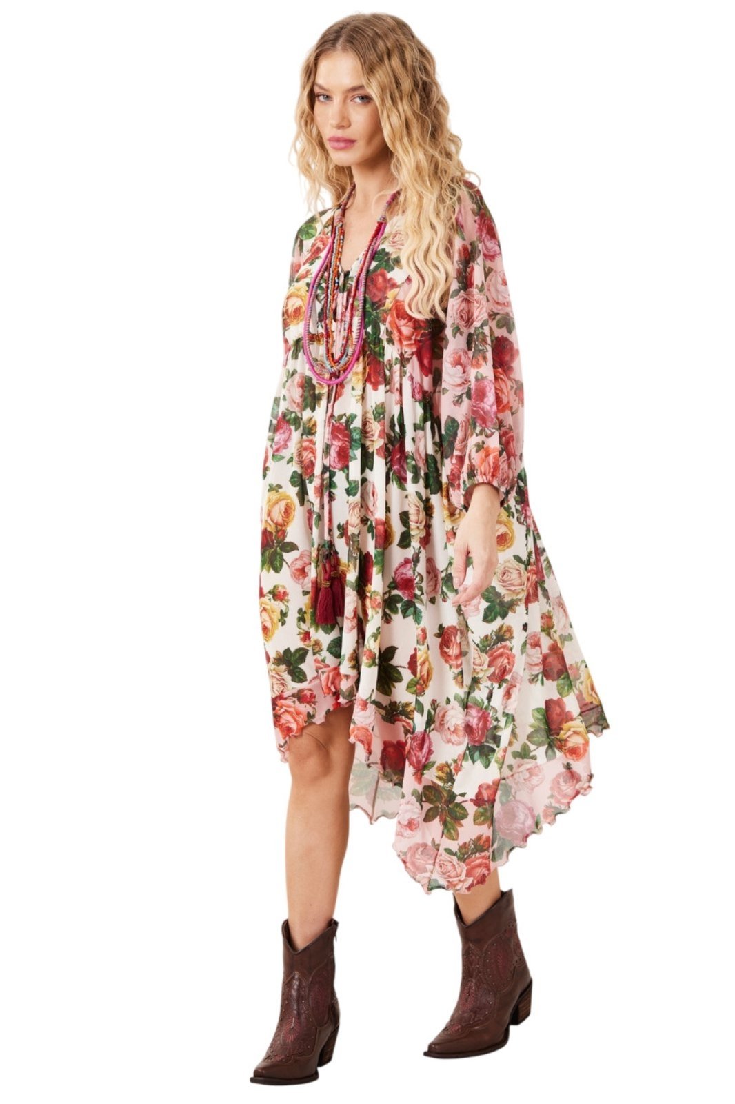 Vestido Curto De Tule Manga 3/8 Rosa Patchwork Yacamim E5 – Patchwork