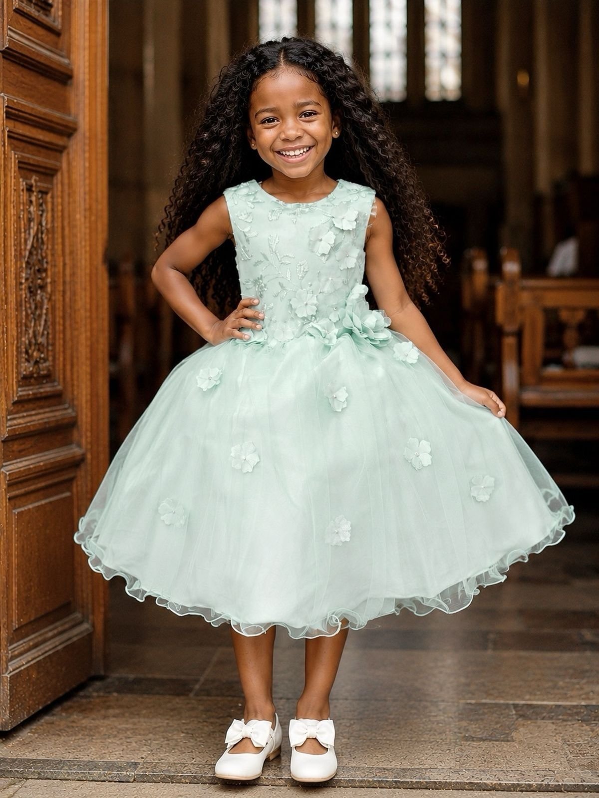 Infantil - Vestido Festa Verde Acqua Piscina Flores Formatura Florista Casamento Renda Dama Daminha Social Menina Juvenil Pérolas Princesa Rodado Aniversário Luxo