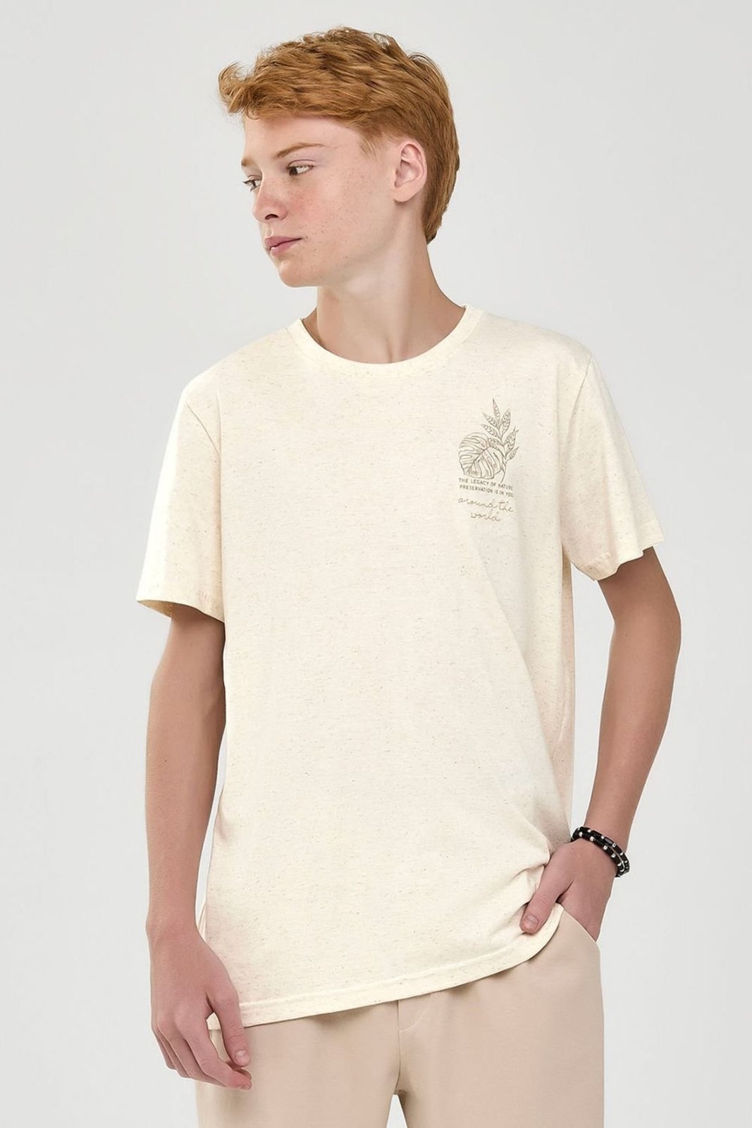Infantil - Camiseta Juvenil Menino Malha Linho Beats Bege