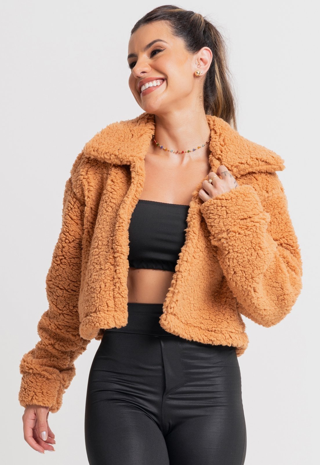 Casaco MVB Modas Flanelado Peluciado Feminino Jaqueta Teddy Caramelo