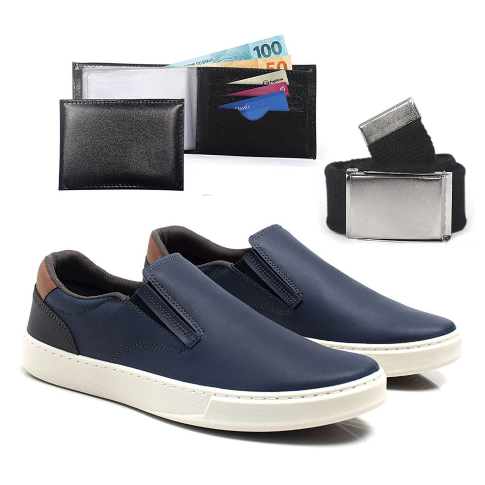 Vista 2 Tenis Casual Masculino Slip On Com Carteira E Cinto Confortavel Bredeni Sapatenis Dia A Dia Iate preto BREDENI preto