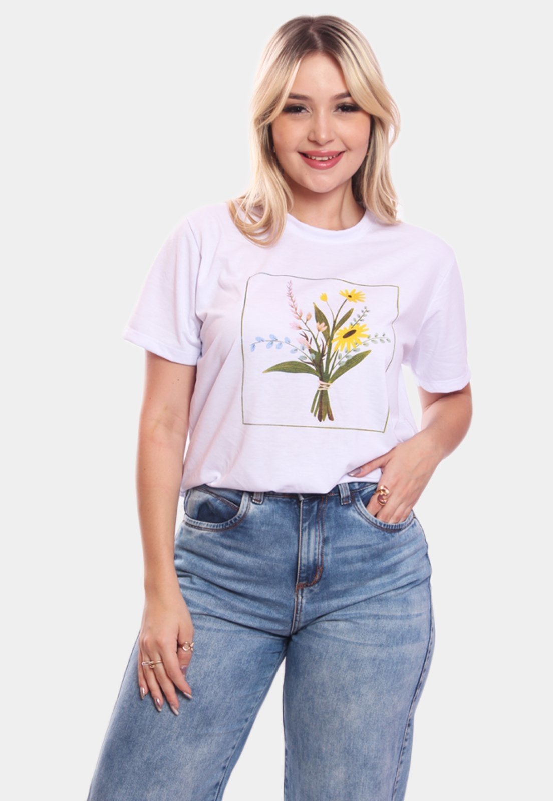 Tshirt Blusa Feminina Flores Retângulo Estampada Manga Curta Camiseta Camisa Branco