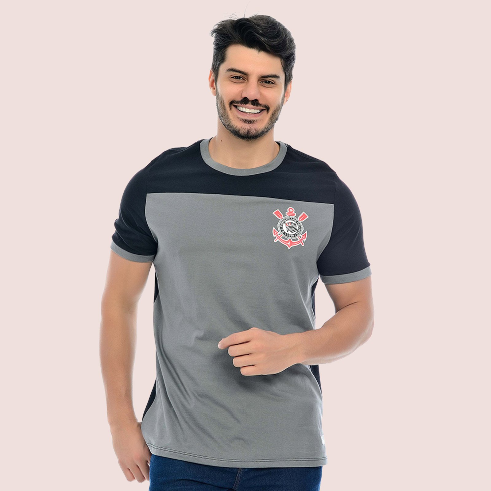 Camiseta Masculina Corinthians Casual Licenciada Preto e Chumbo