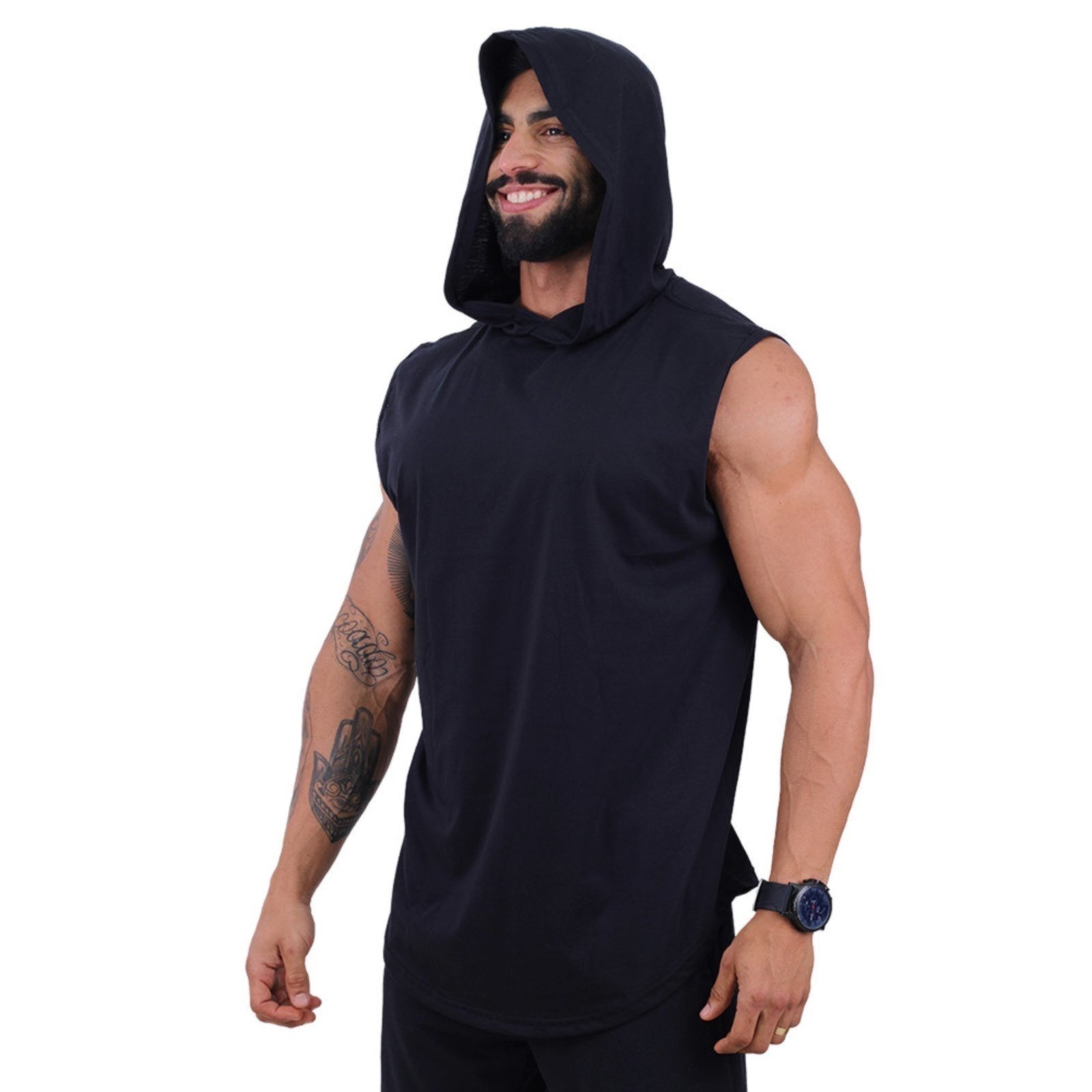 Regata Longline Machão Masculina Com Touca Para Academia Treino Algodão MXD Conceito Preto