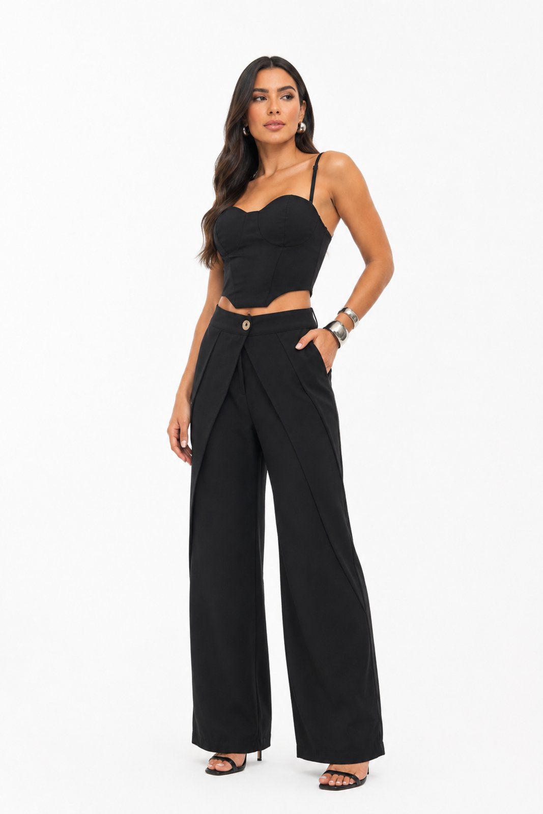Conjunto Feminino D Bell Outlet Fashion Top Corset Pantalona Overlap Marrant Preto