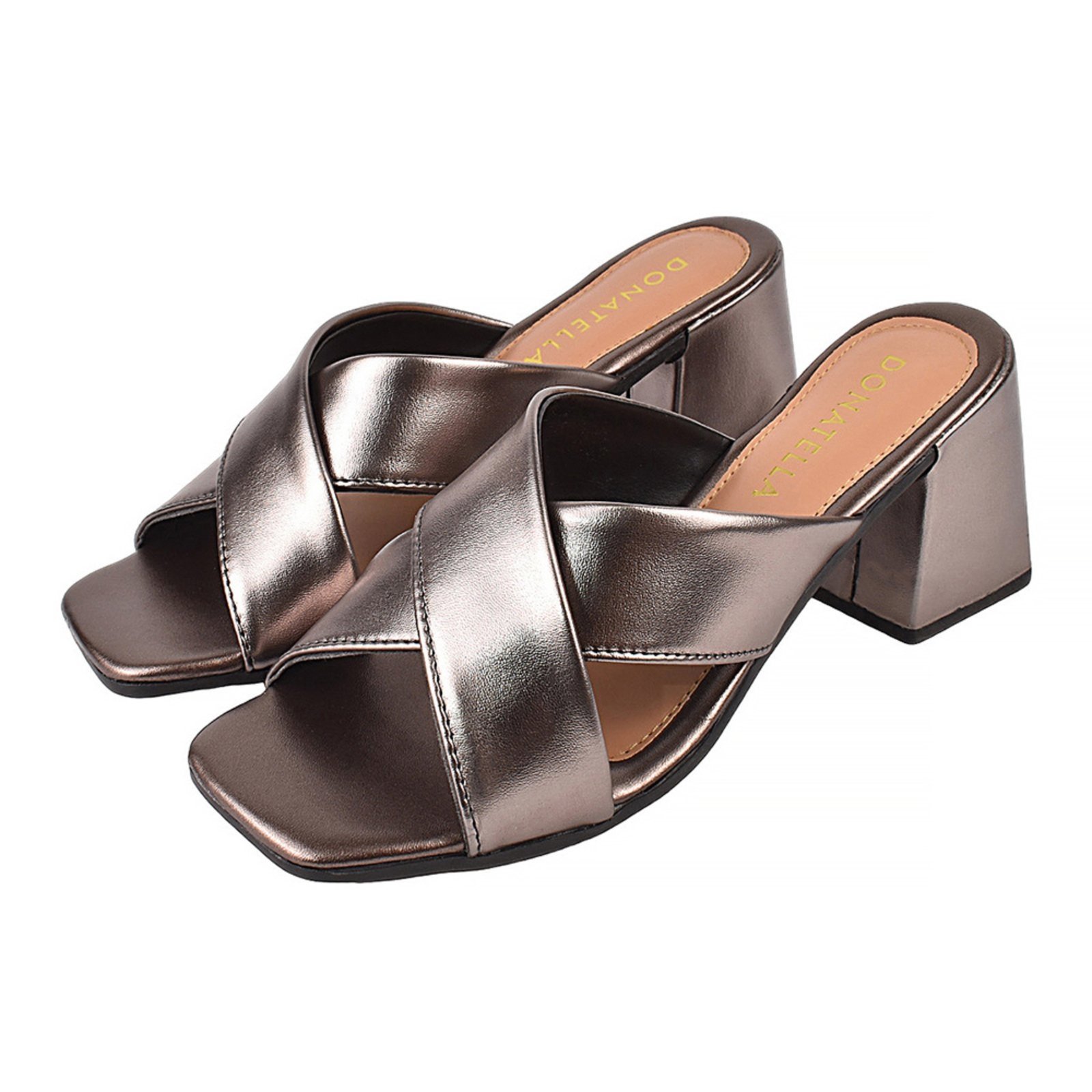 Vista 2 Sandália Feminina Tamanco Donatella Shoes Bico Quadrado Salto Alto Cruzada Metalizada Monte Shoes prata velho Monte Shoes prata velho