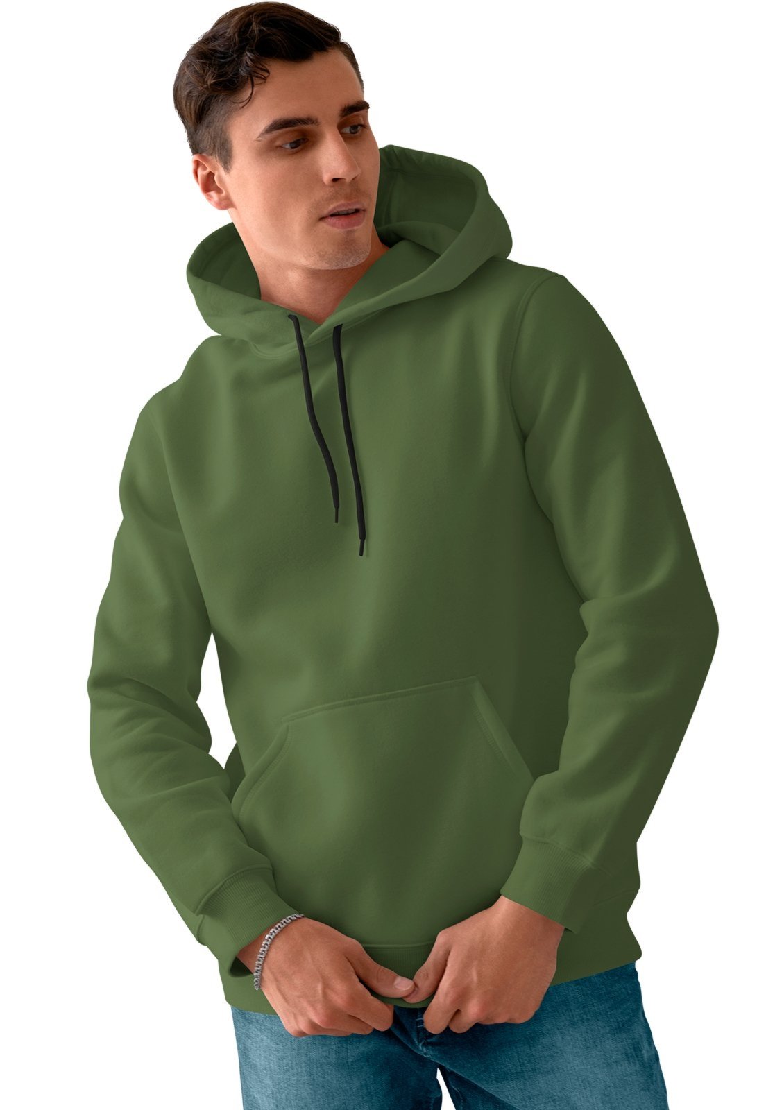 Blusa De Frio Masculina Moletom Liso Com Capuz e Bolso Canguru Felpado Verde Militar