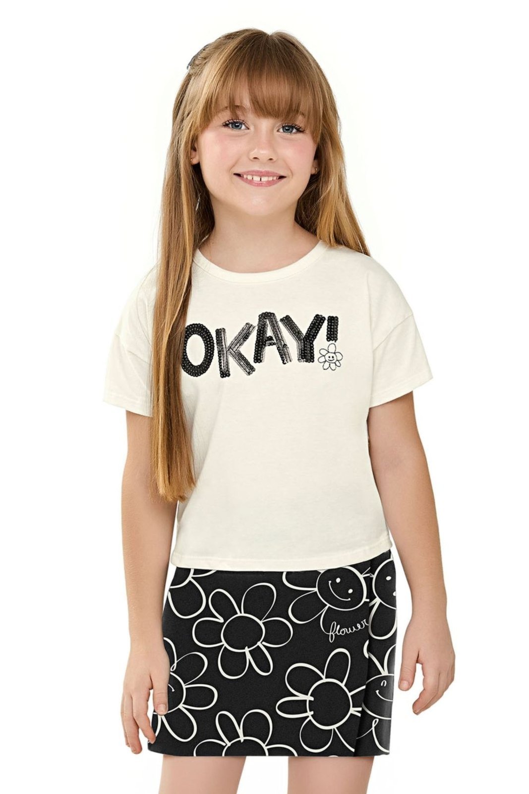 Vista 2 Infantil - Conjunto Menina Blusa e Short Saia Floral Elian bege Elian bege